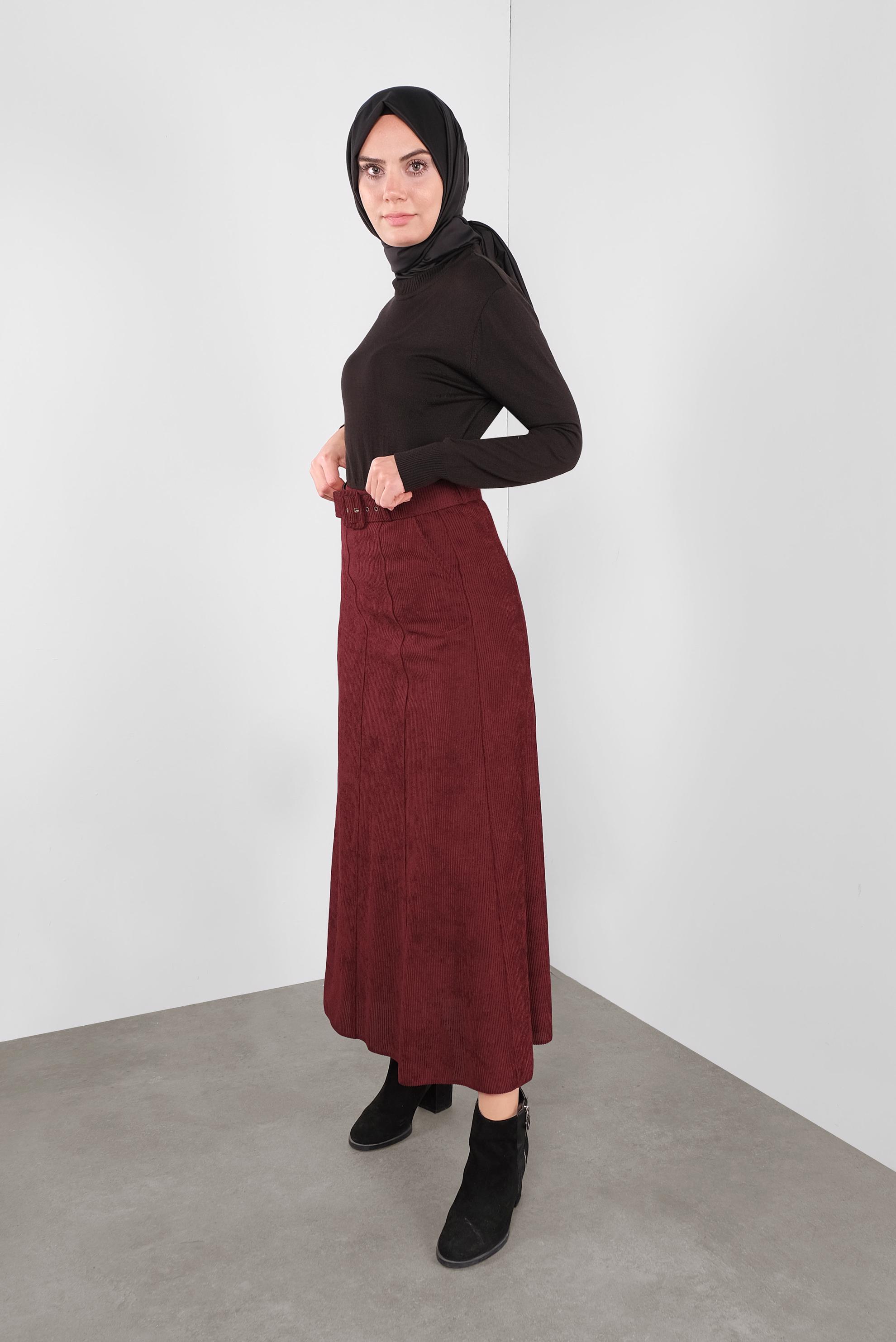Tesettür giyim BORDO ŞÖNİL KADİFE ETEK 60020