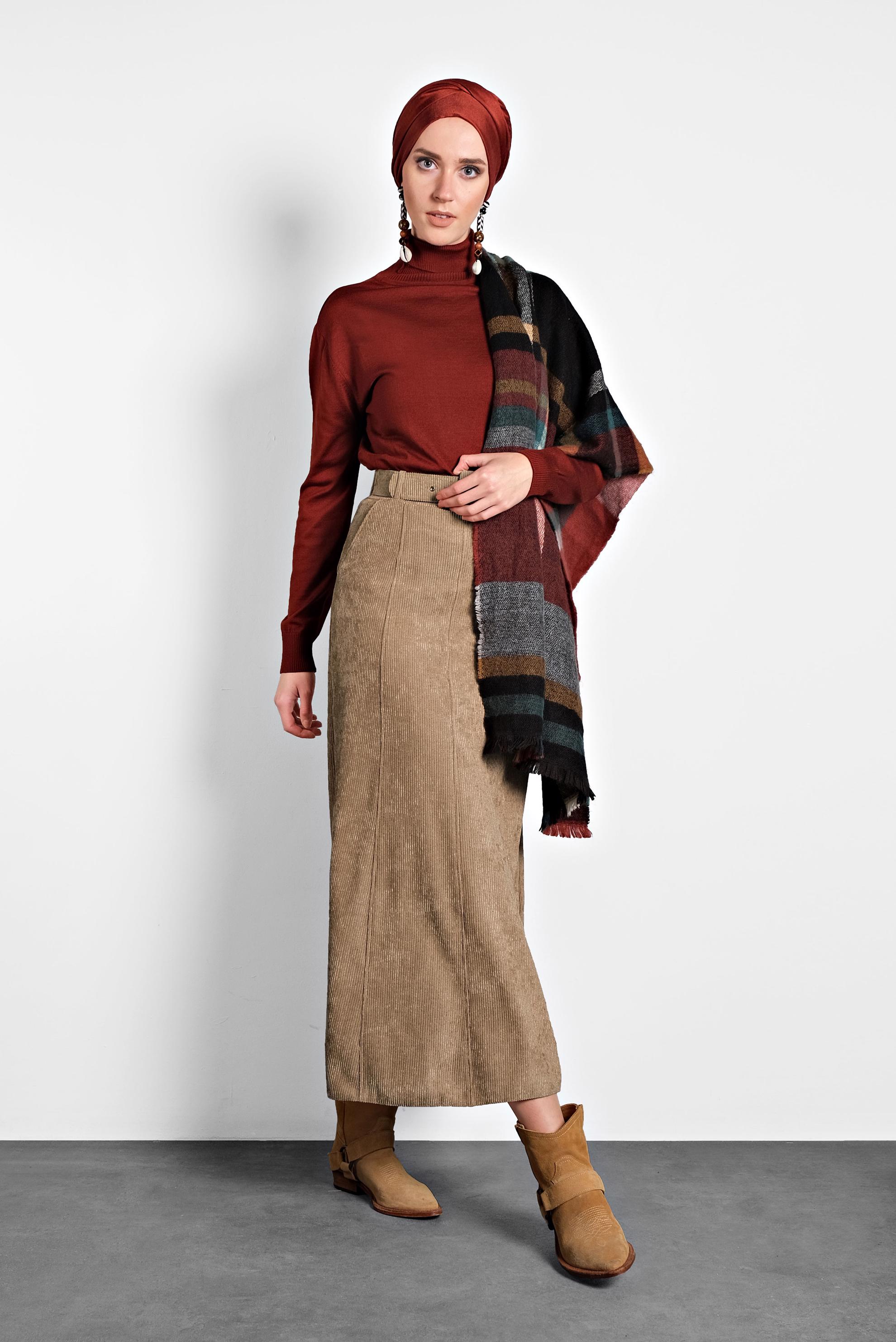 Tesettür giyim KAHVE ŞÖNİL KADİFE ETEK 60020