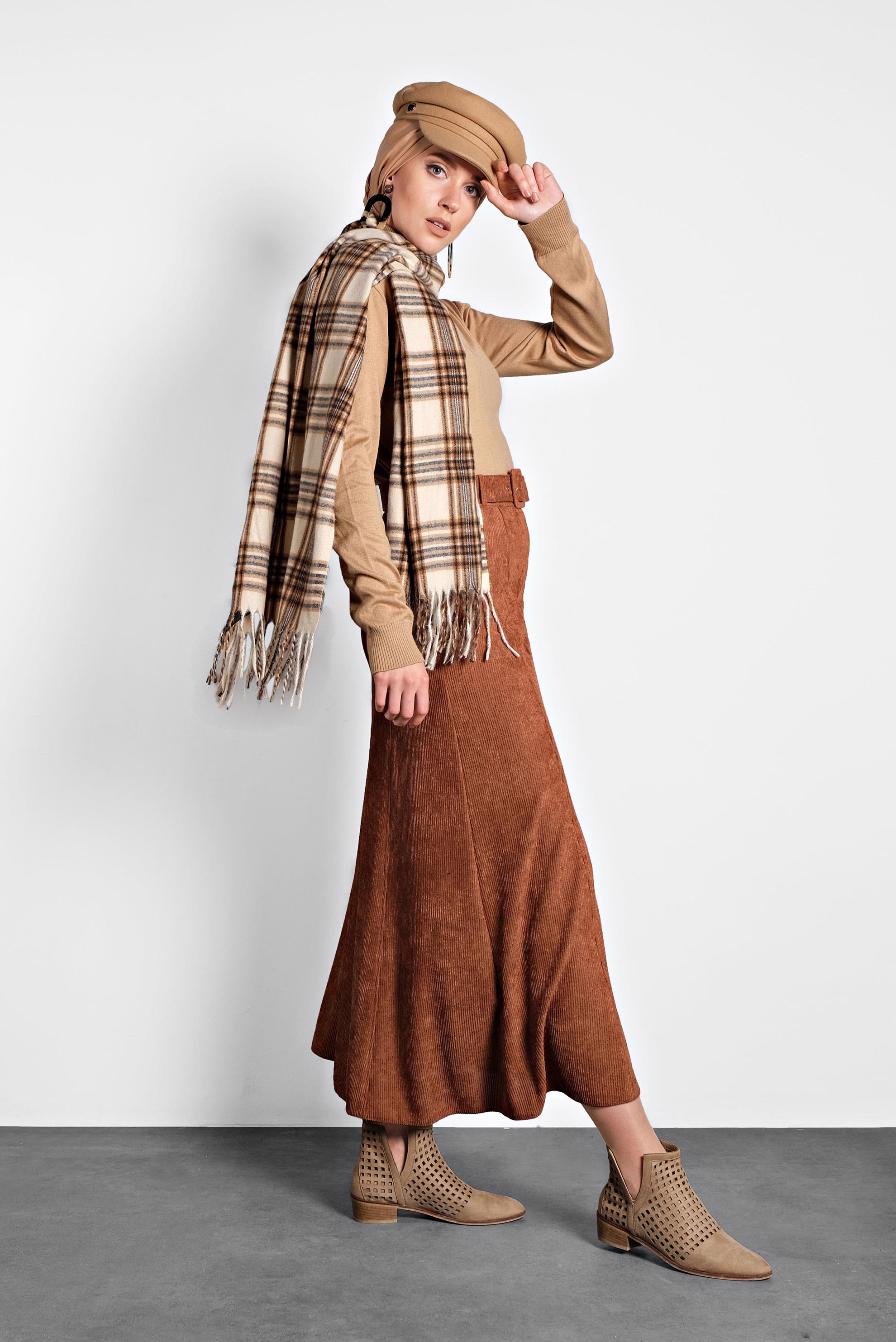 Tesettür giyim TURUNCU ŞÖNİL KADİFE ETEK 60020