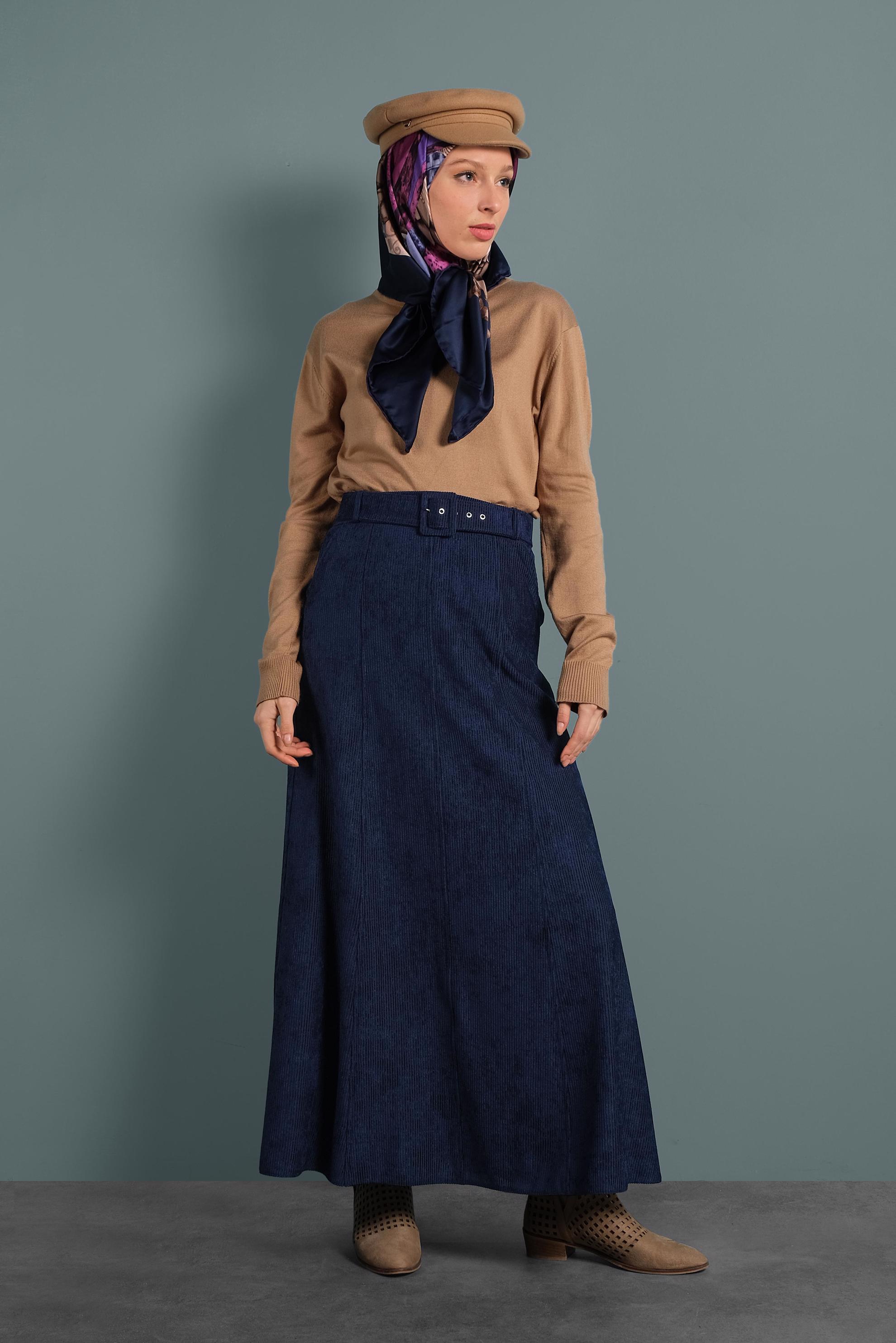 Tesettür giyim LACİVERT ŞÖNİL KADİFE ETEK 60020