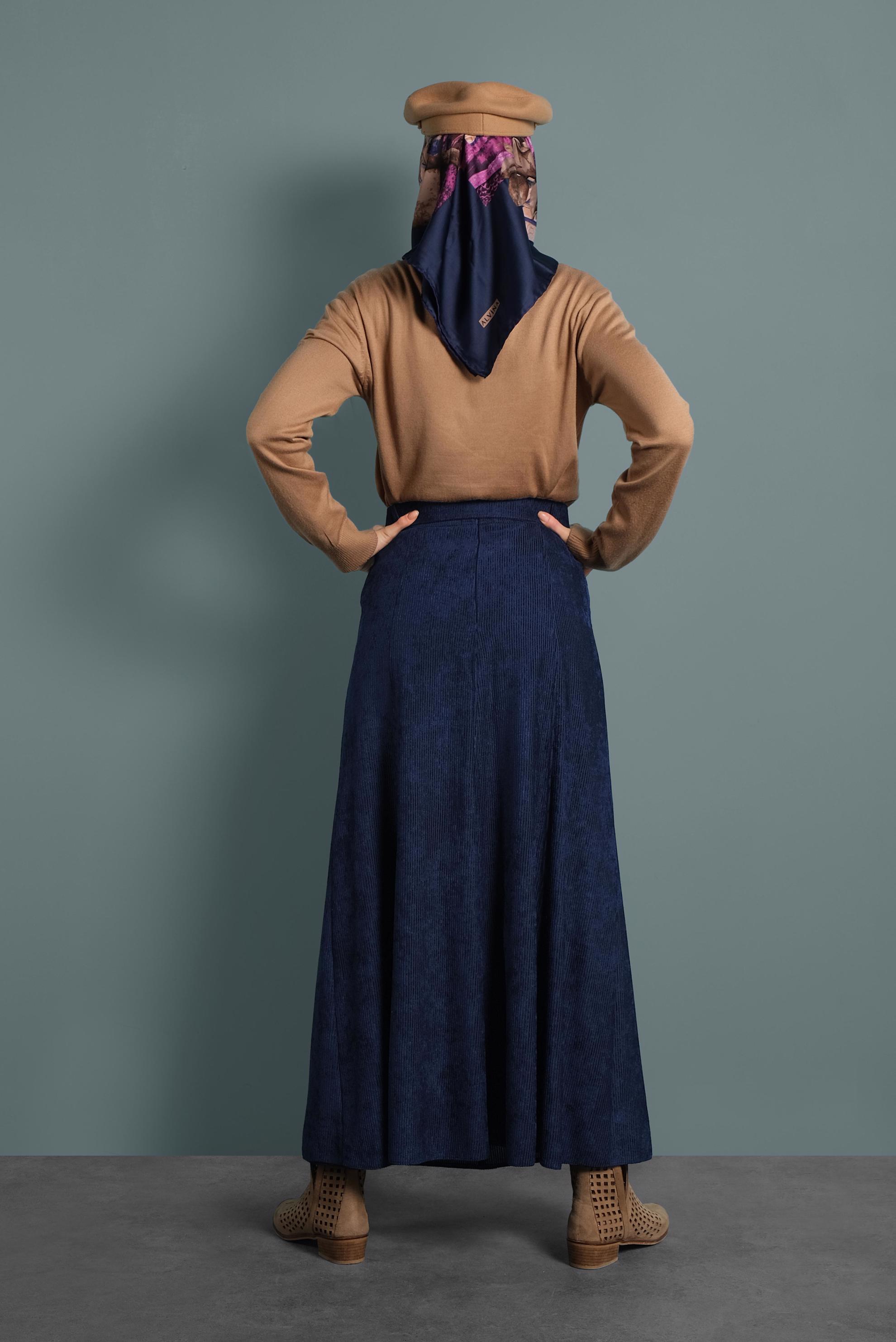 Tesettür giyim LACİVERT ŞÖNİL KADİFE ETEK 60020