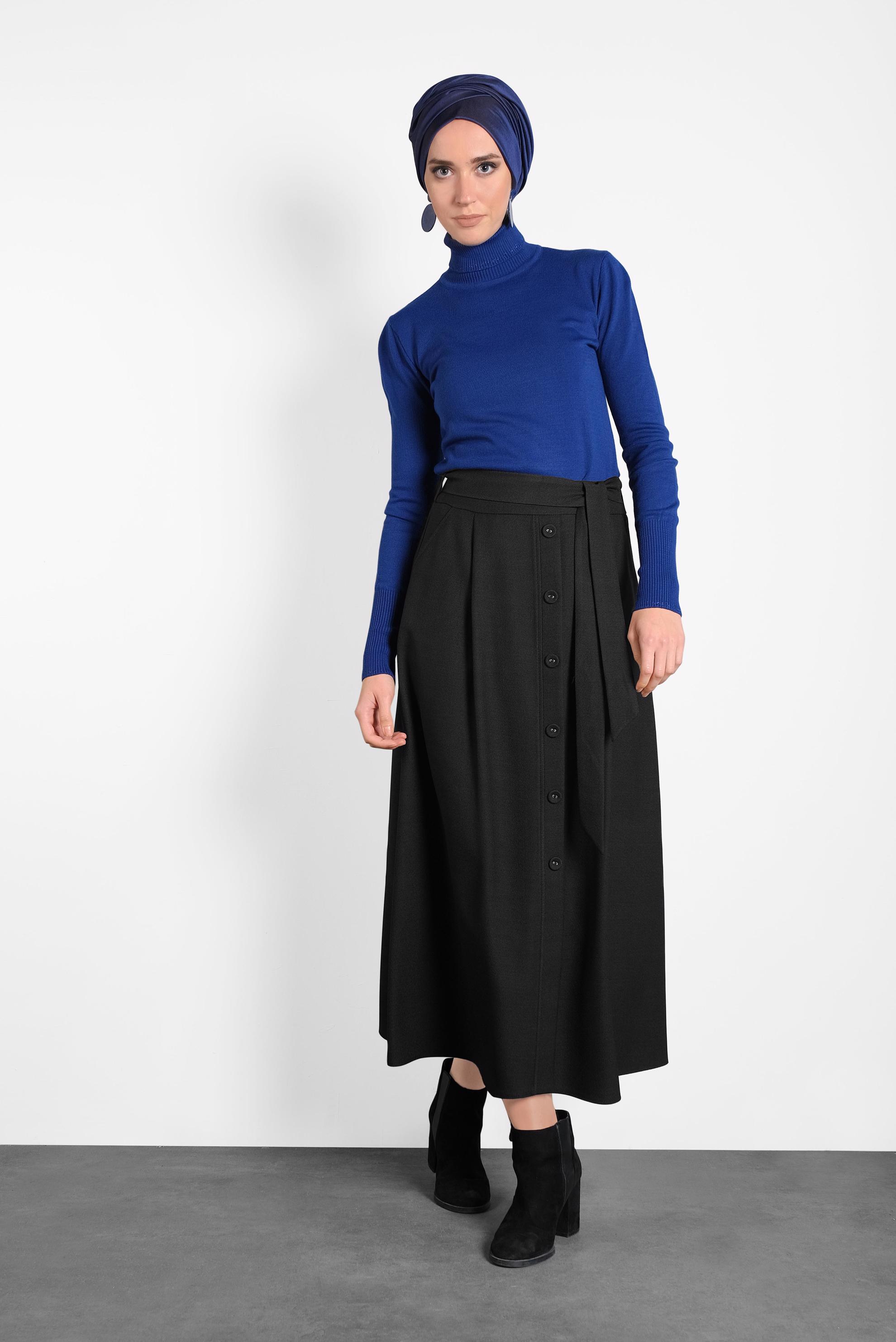 Tesettür giyim SİYAH DÜĞMELİ KUŞAKLI ETEK 60021 