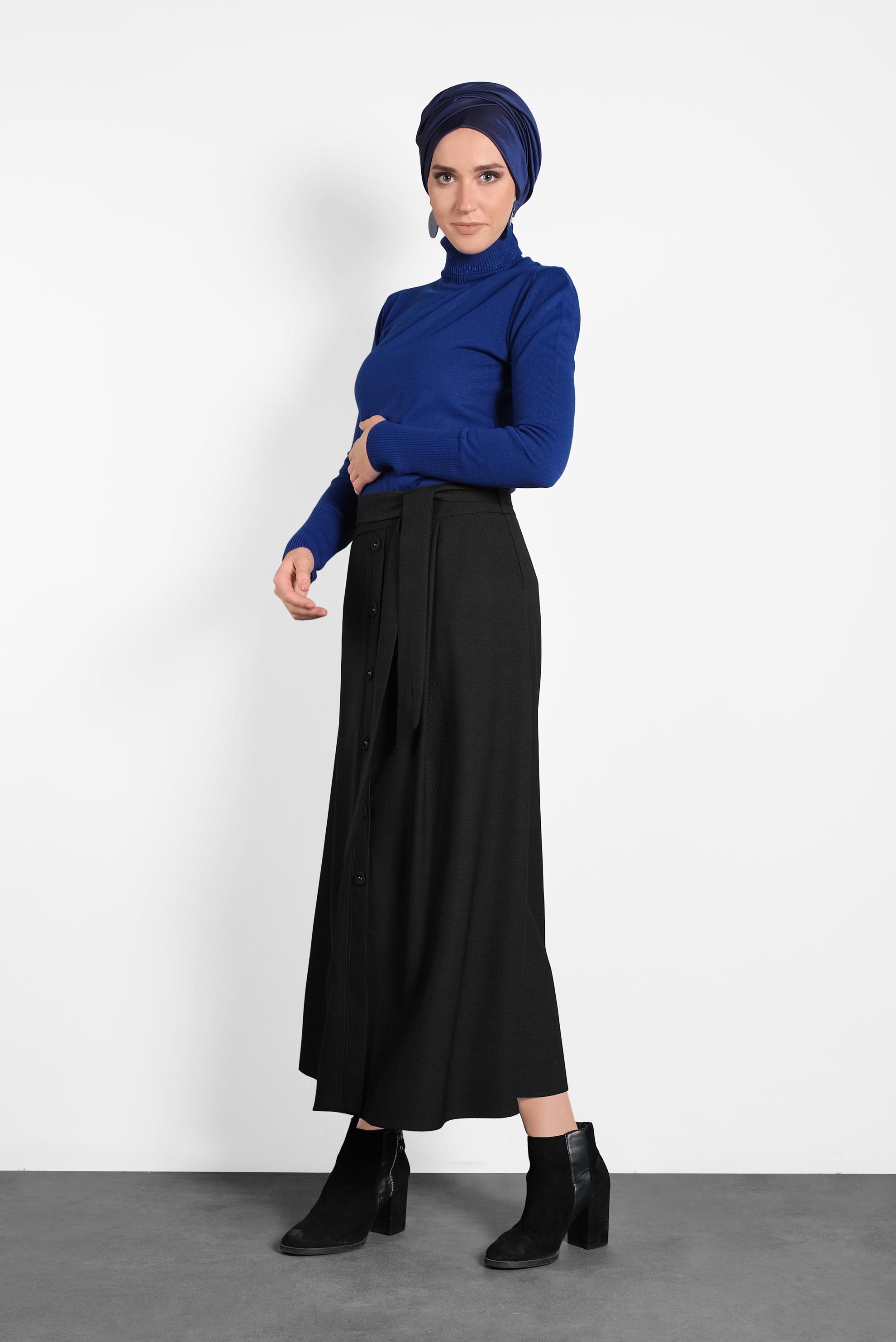 Tesettür giyim SİYAH DÜĞMELİ KUŞAKLI ETEK 60021 