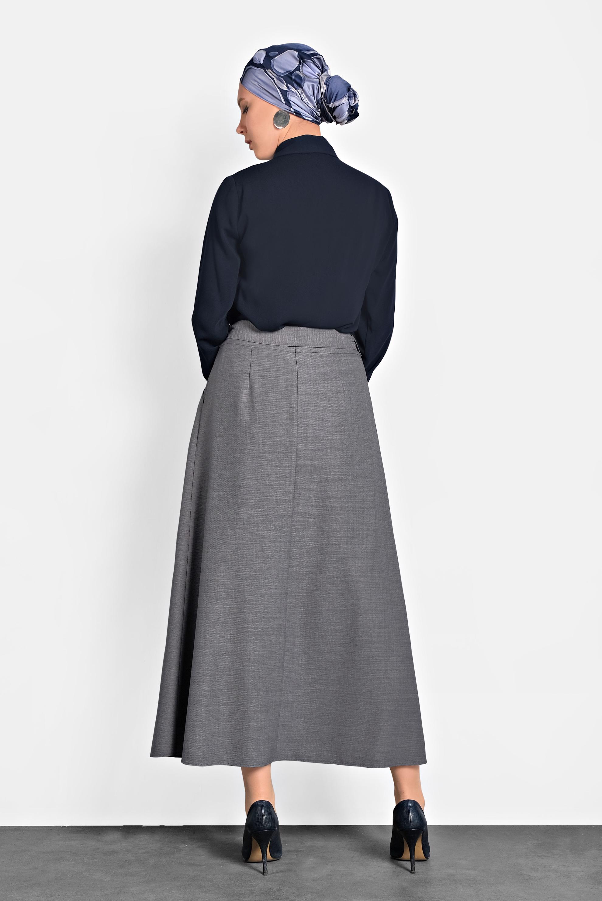 Tesettür giyim GRİ DÜĞMELİ KUŞAKLI ETEK 60021 