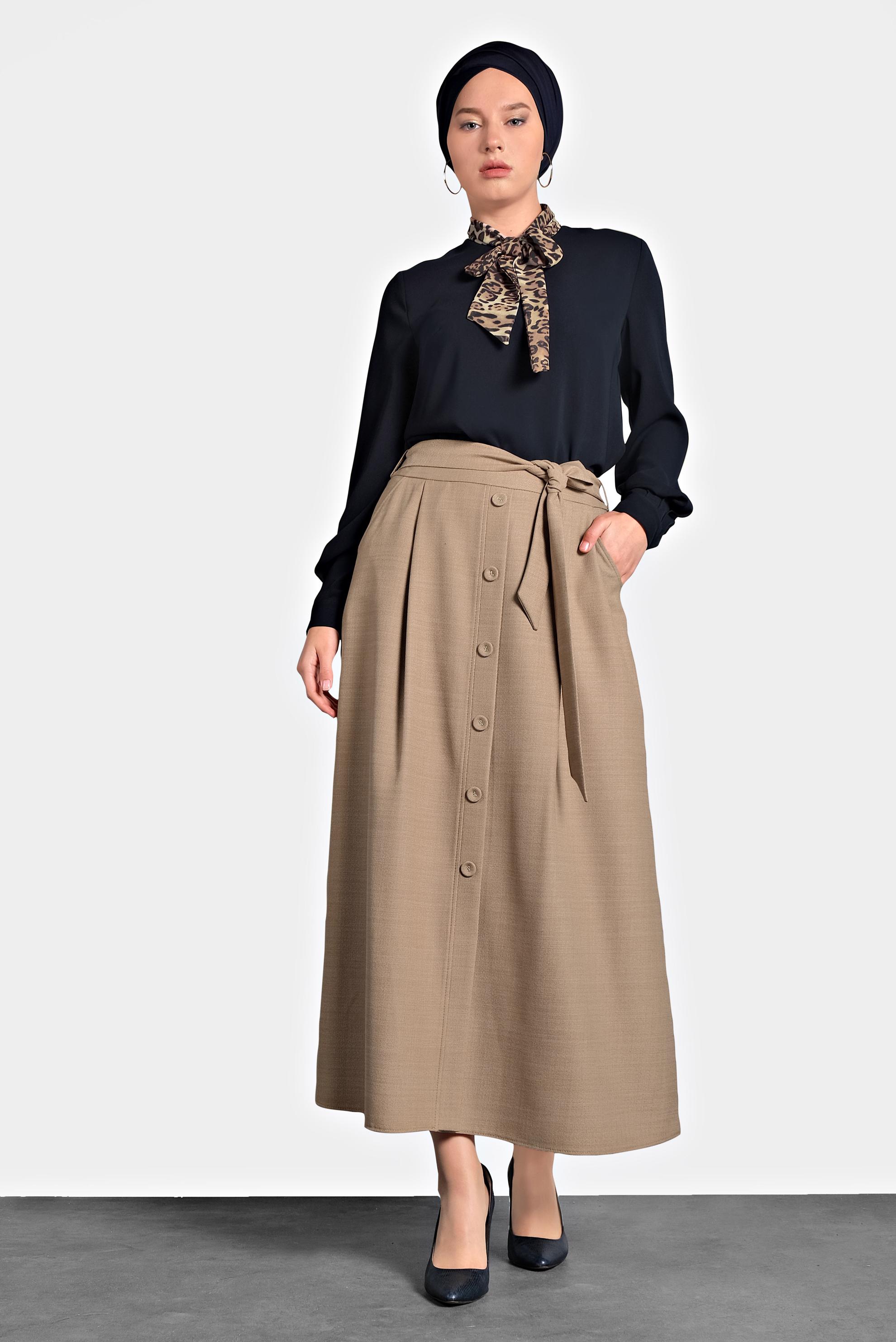 Tesettür giyim KAHVE DÜĞMELİ KUŞAKLI ETEK 60021 