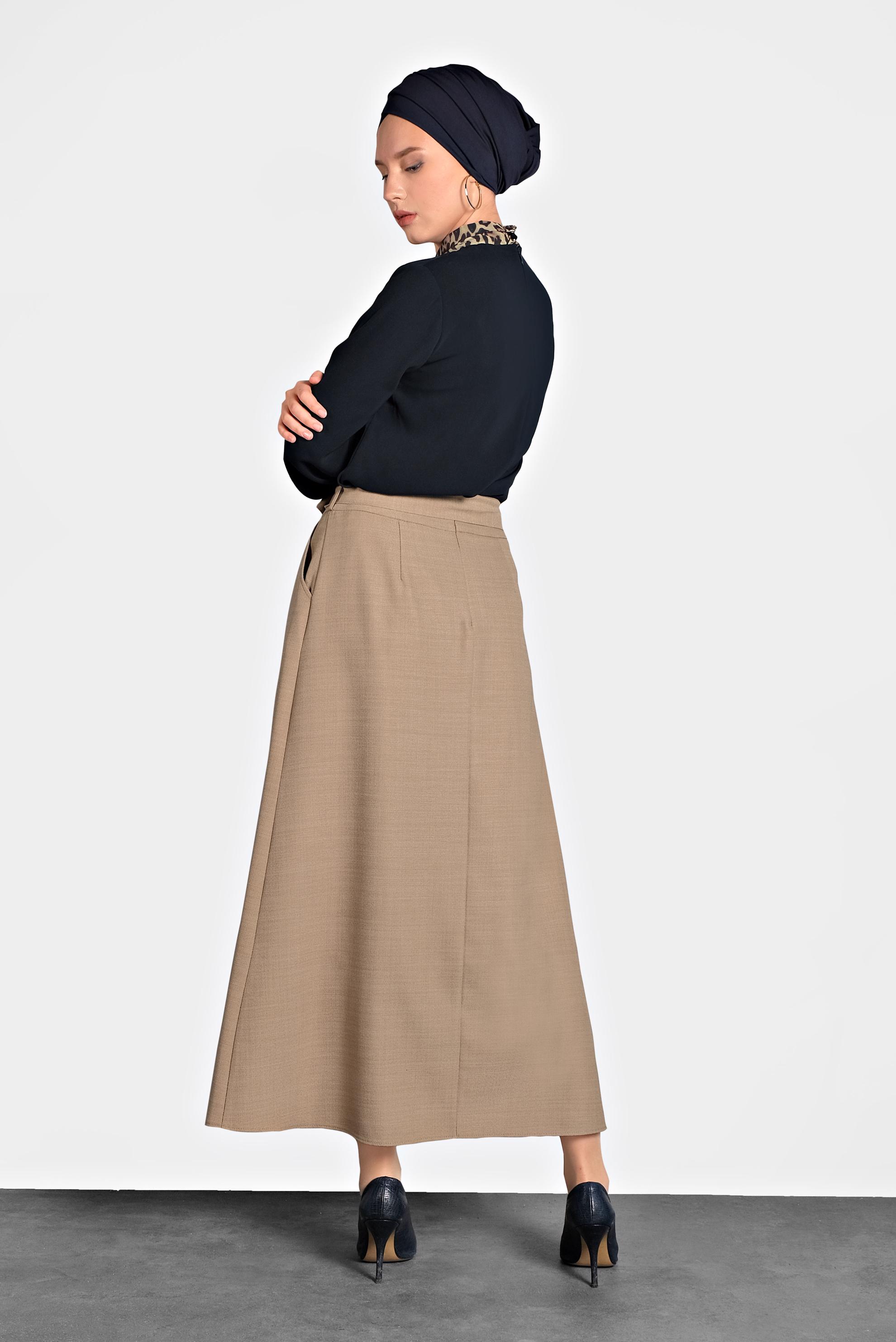 Tesettür giyim KAHVE DÜĞMELİ KUŞAKLI ETEK 60021 