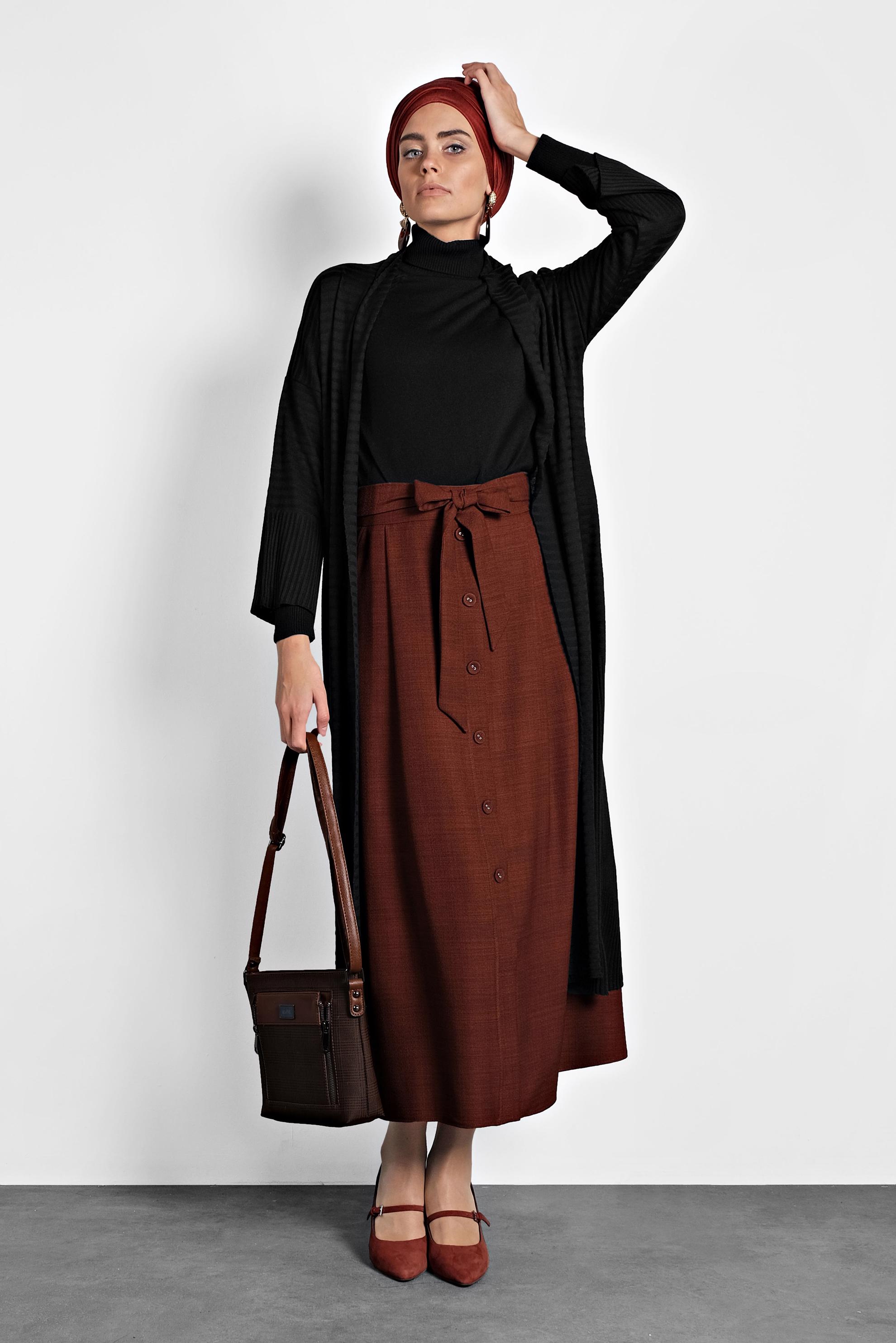 Tesettür giyim TURUNCU DÜĞMELİ KUŞAKLI ETEK 60021 