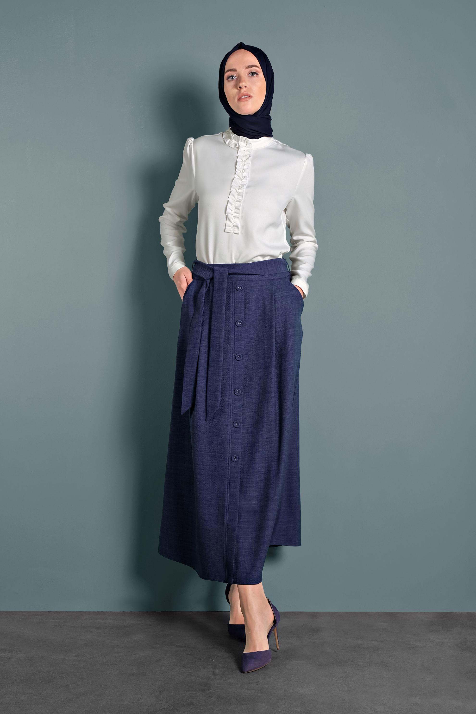 Tesettür giyim LACİVERT DÜĞMELİ KUŞAKLI ETEK 60021 