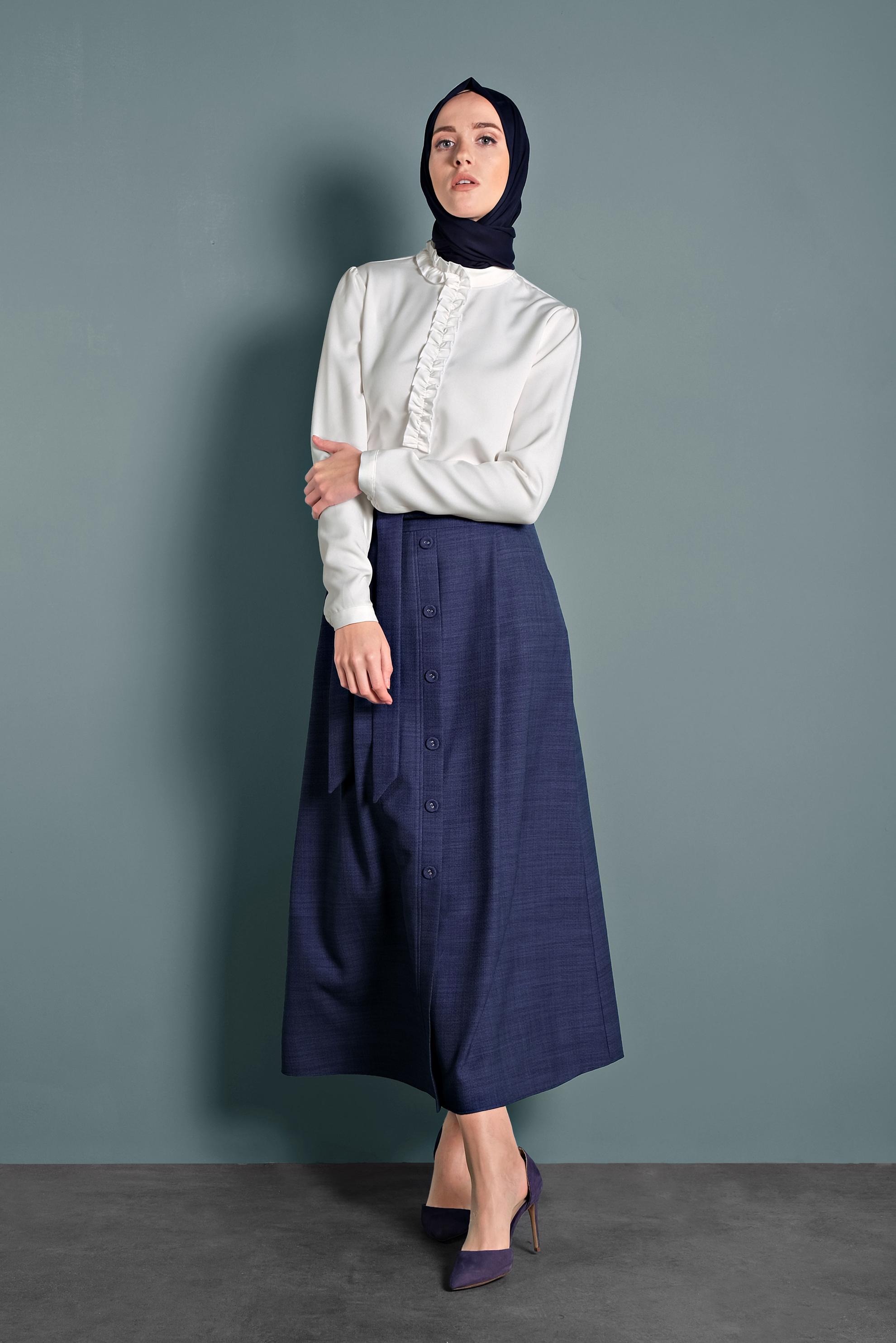 Tesettür giyim LACİVERT DÜĞMELİ KUŞAKLI ETEK 60021 