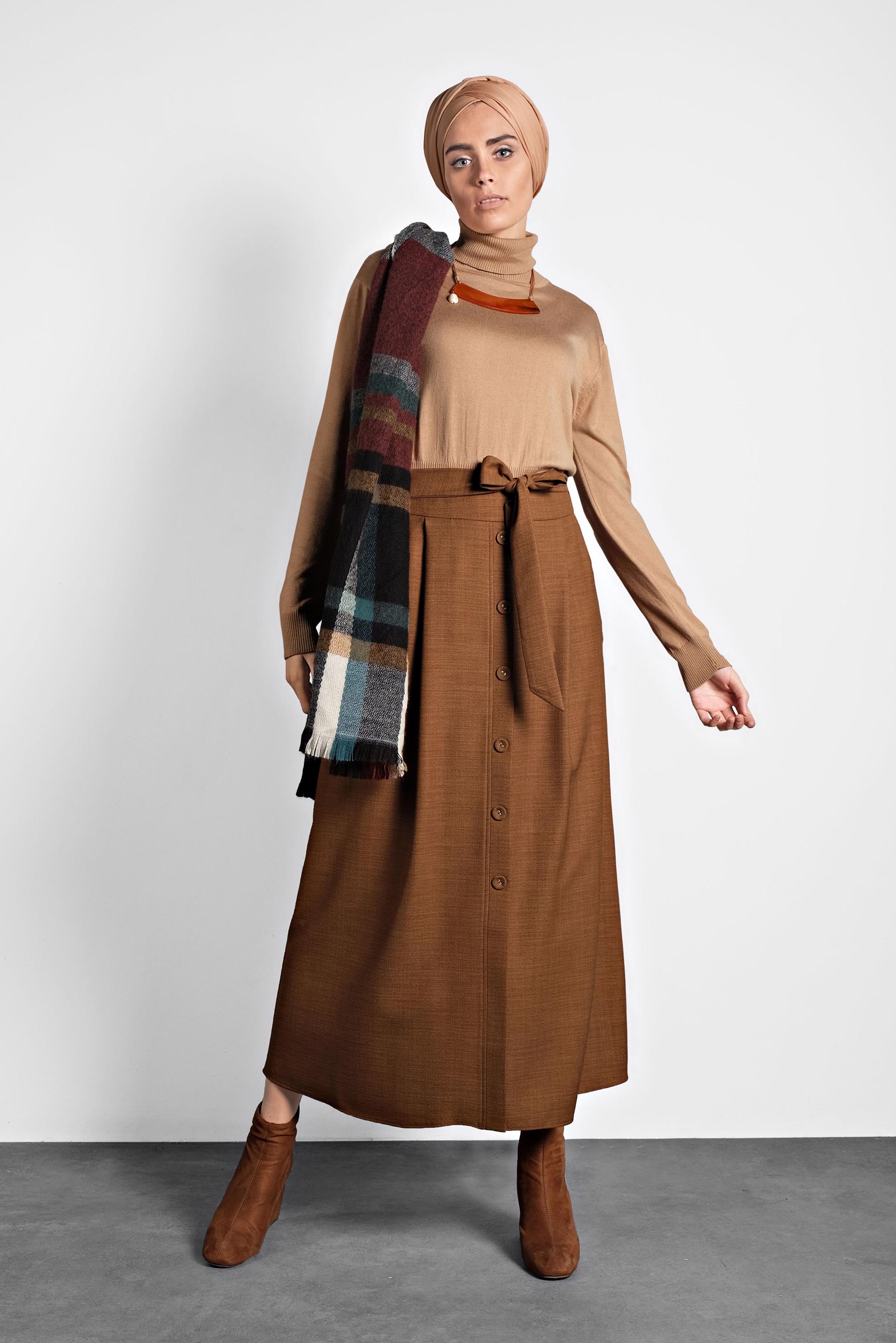 Tesettür giyim KAHVE DÜĞMELİ KUŞAKLI ETEK 60021 