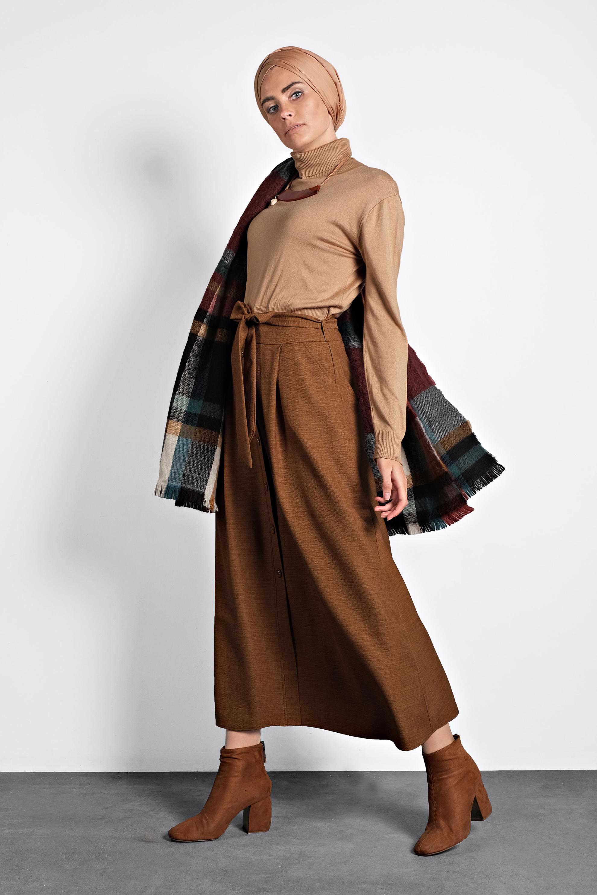 Tesettür giyim KAHVE DÜĞMELİ KUŞAKLI ETEK 60021 