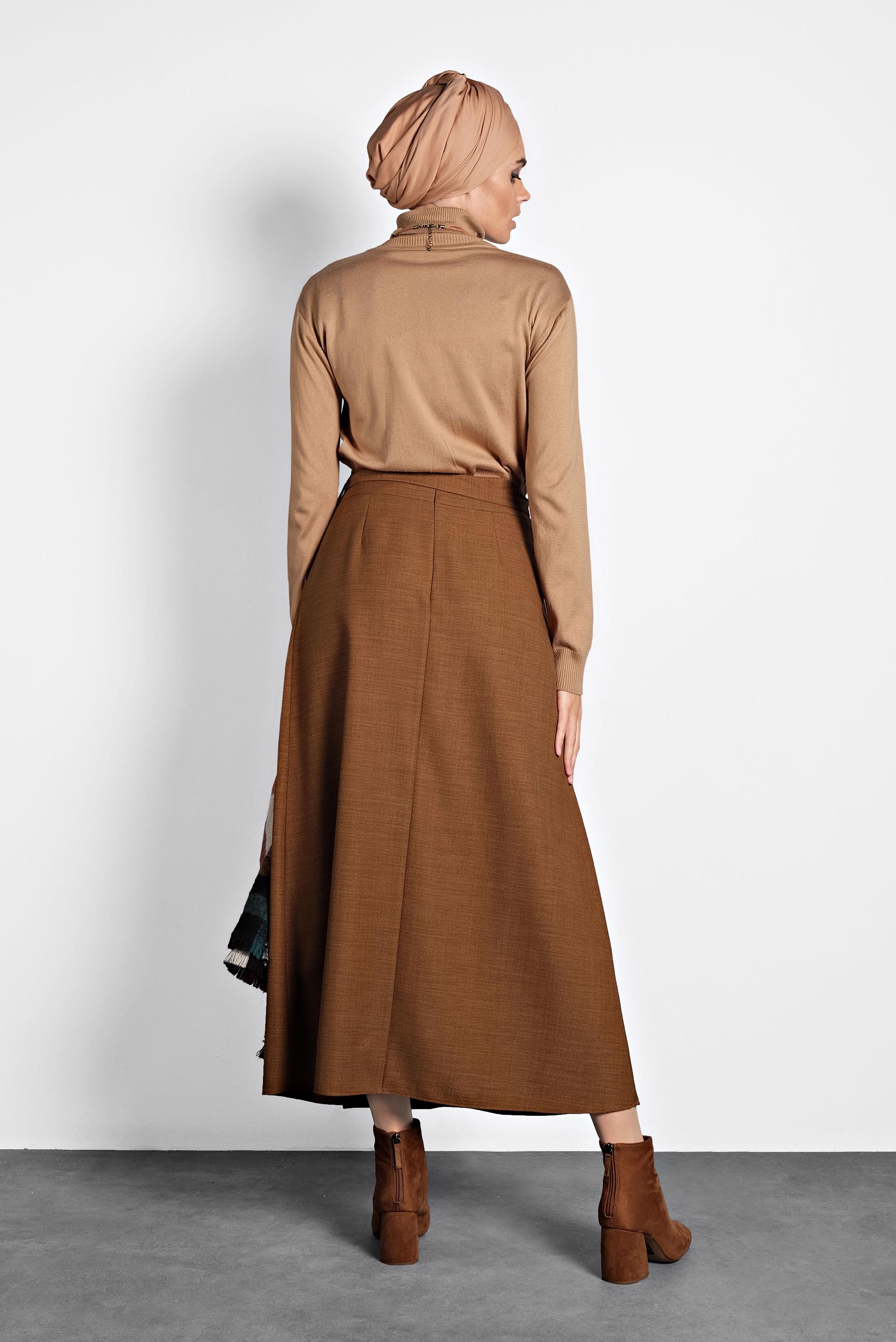 Tesettür giyim KAHVE DÜĞMELİ KUŞAKLI ETEK 60021 