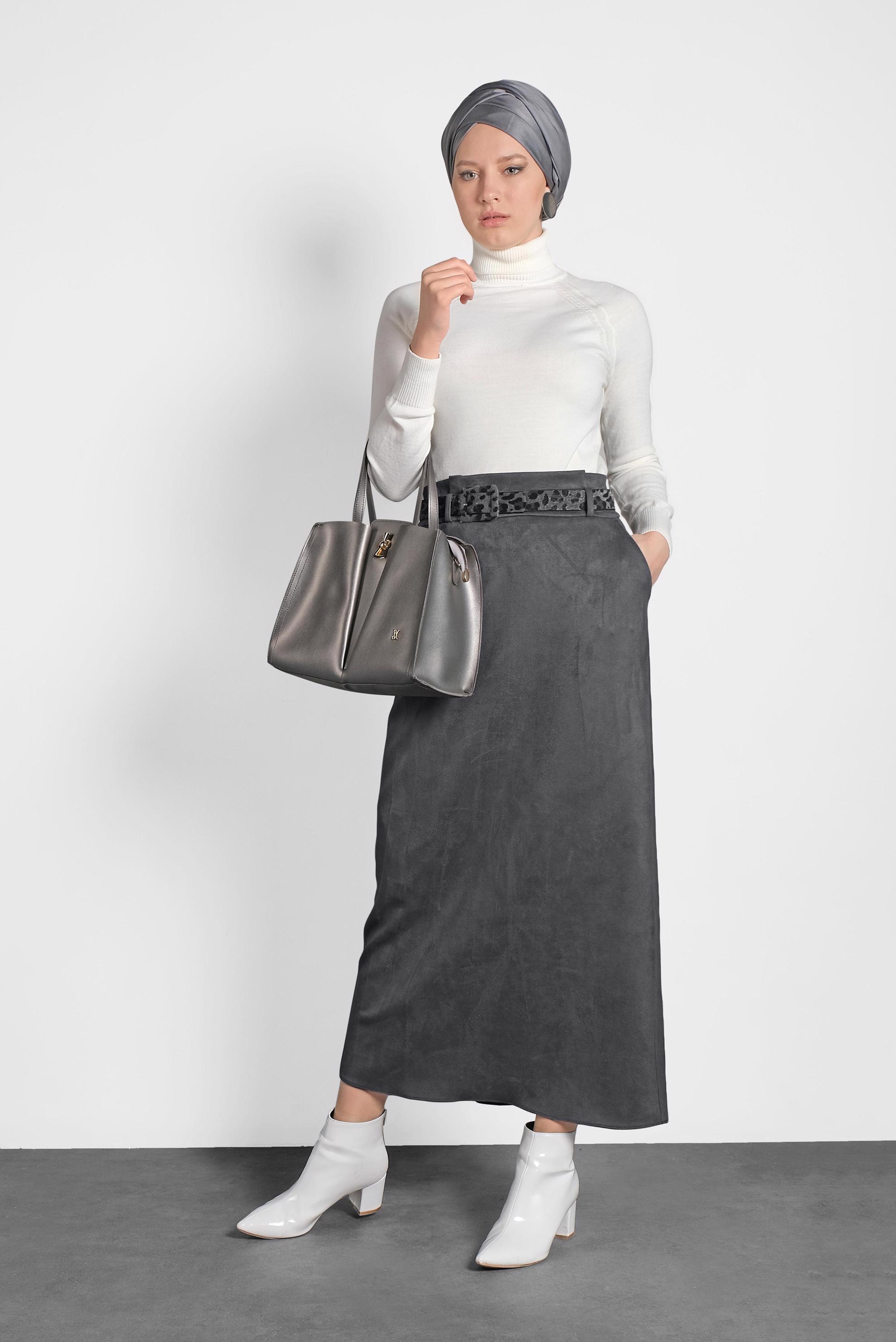 Tesettür giyim GRİ KEMERLİ SÜET ETEK 60022