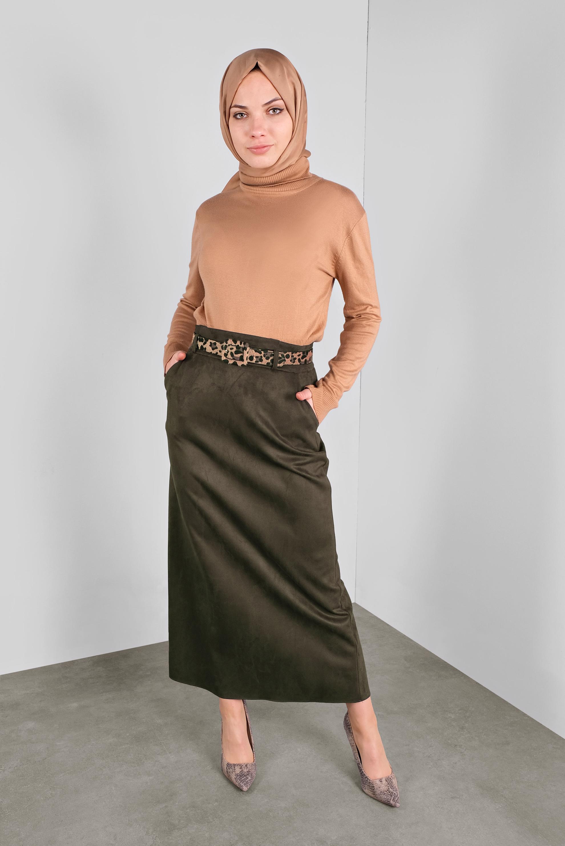 Tesettür giyim HAKİ KEMERLİ SÜET ETEK 60022