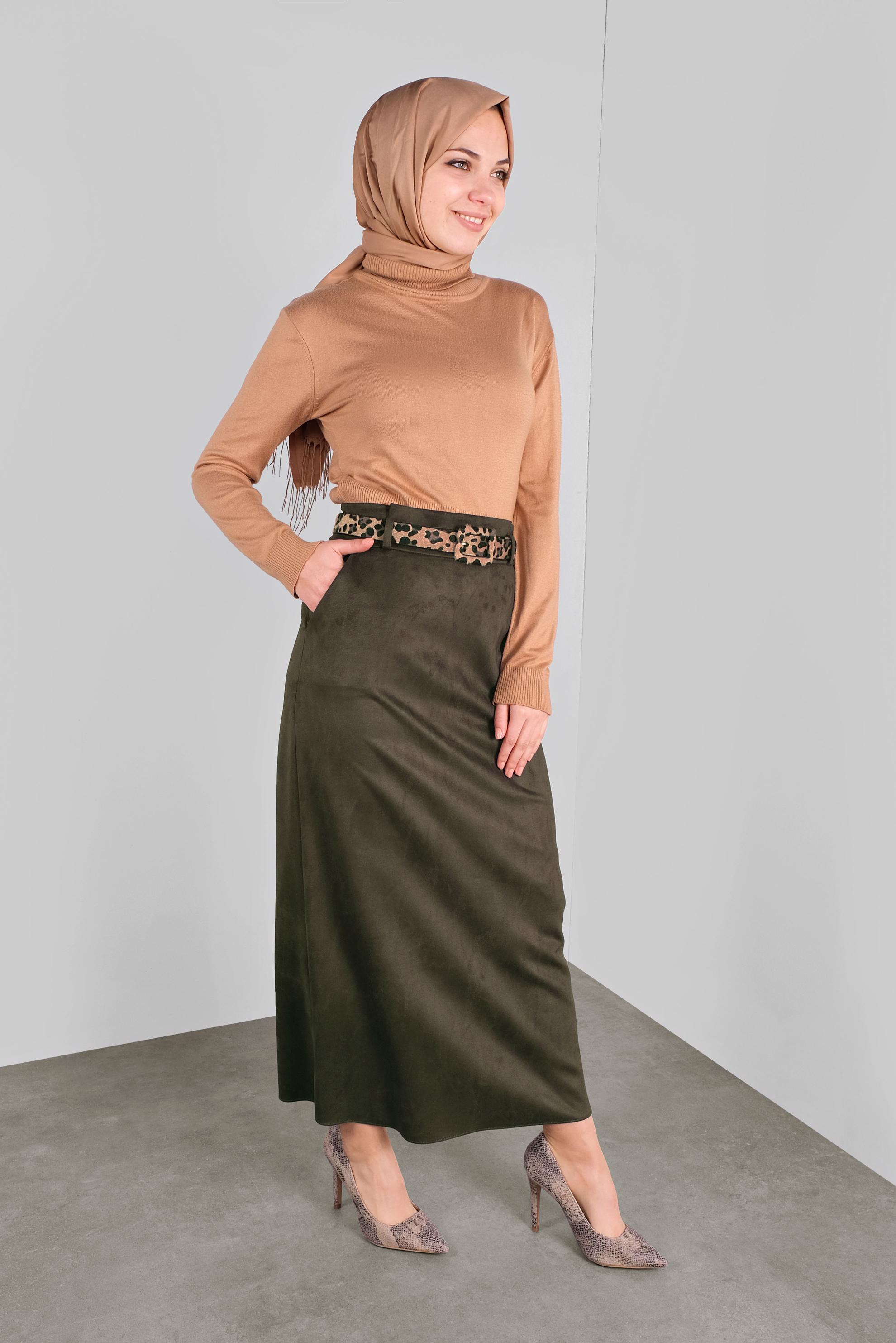 Tesettür giyim HAKİ KEMERLİ SÜET ETEK 60022