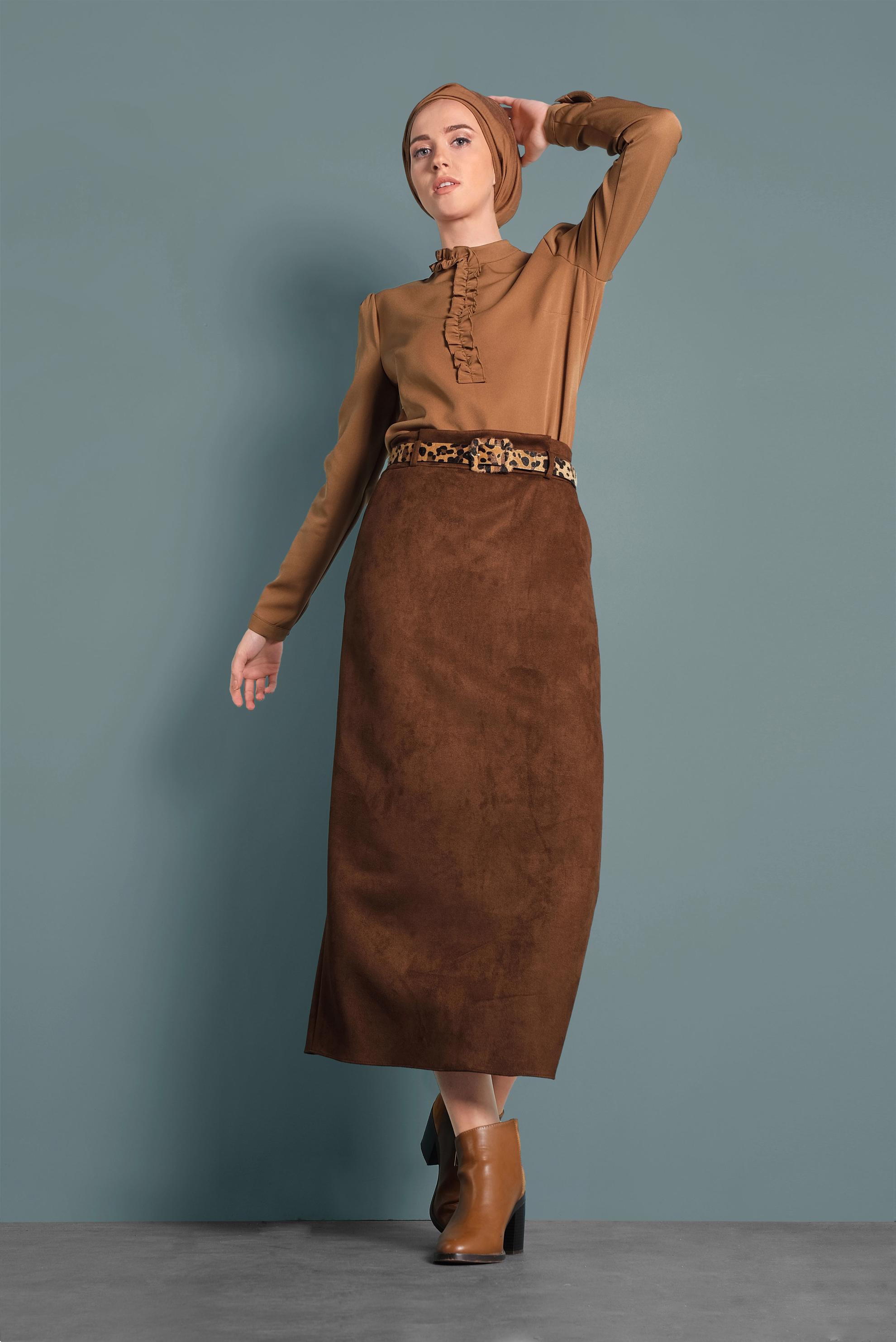 Tesettür giyim TABA KEMERLİ SÜET ETEK 60022