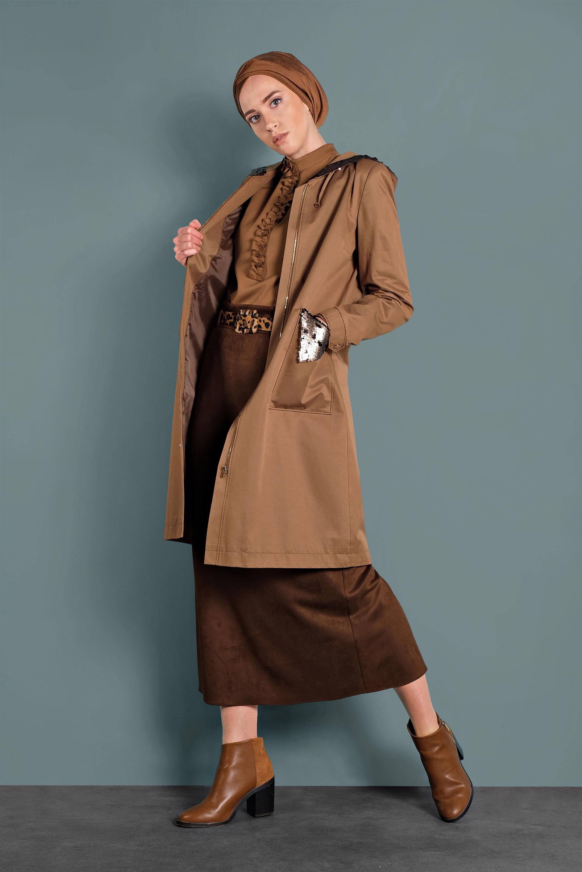 Tesettür giyim TABA KEMERLİ SÜET ETEK 60022