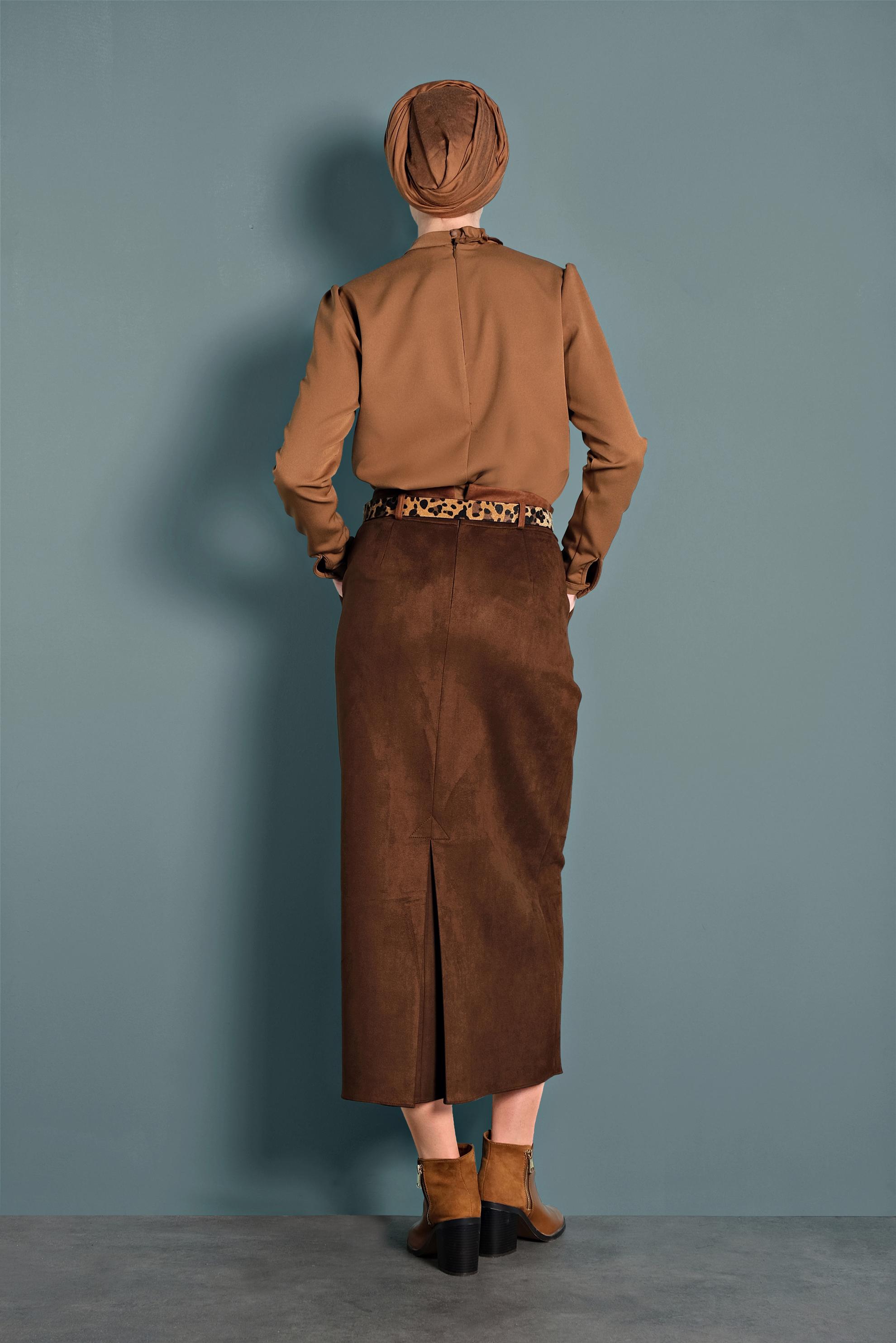 Tesettür giyim TABA KEMERLİ SÜET ETEK 60022