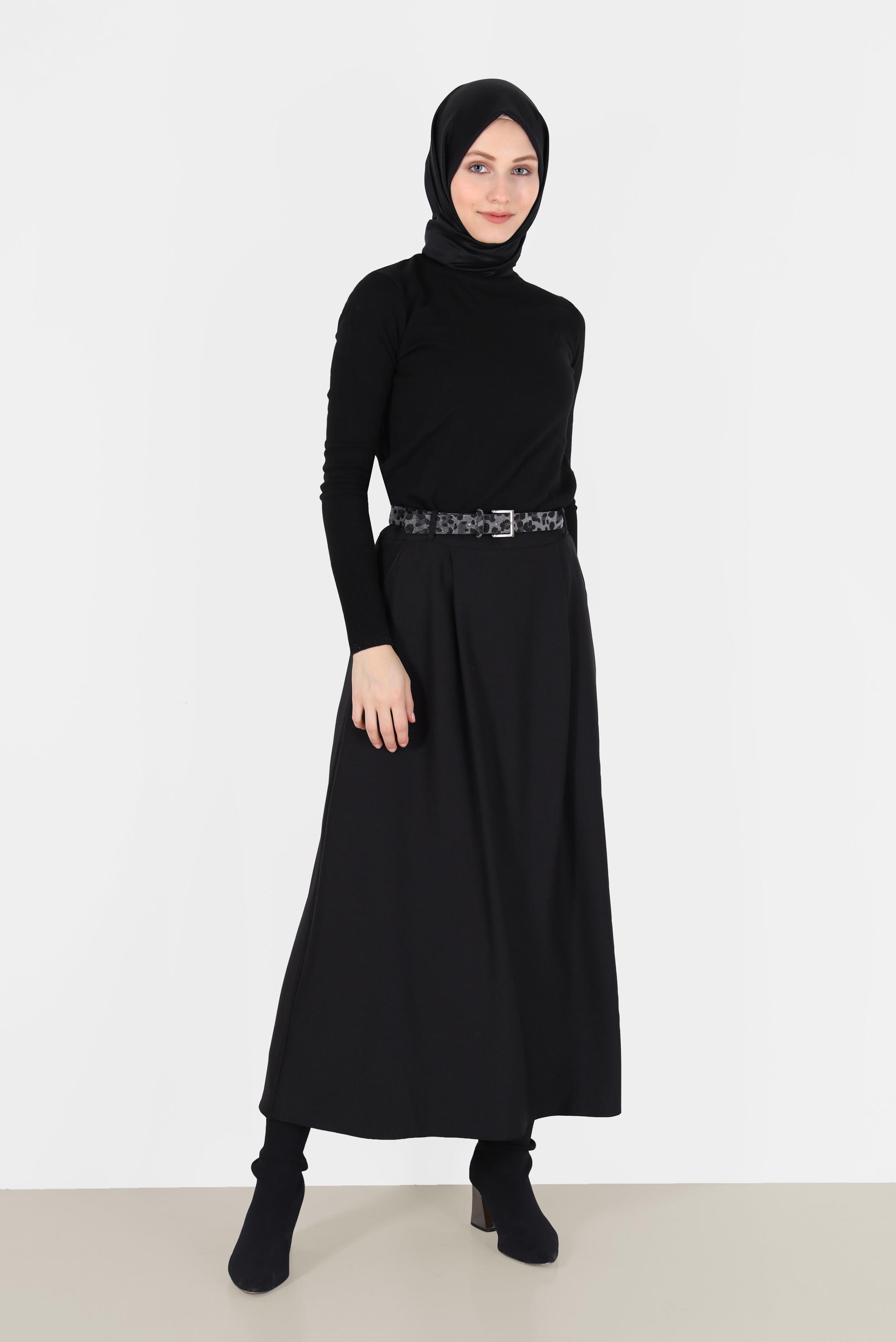 Tesettür giyim SİYAH CEPLİ KEMERLİ ETEK 60023