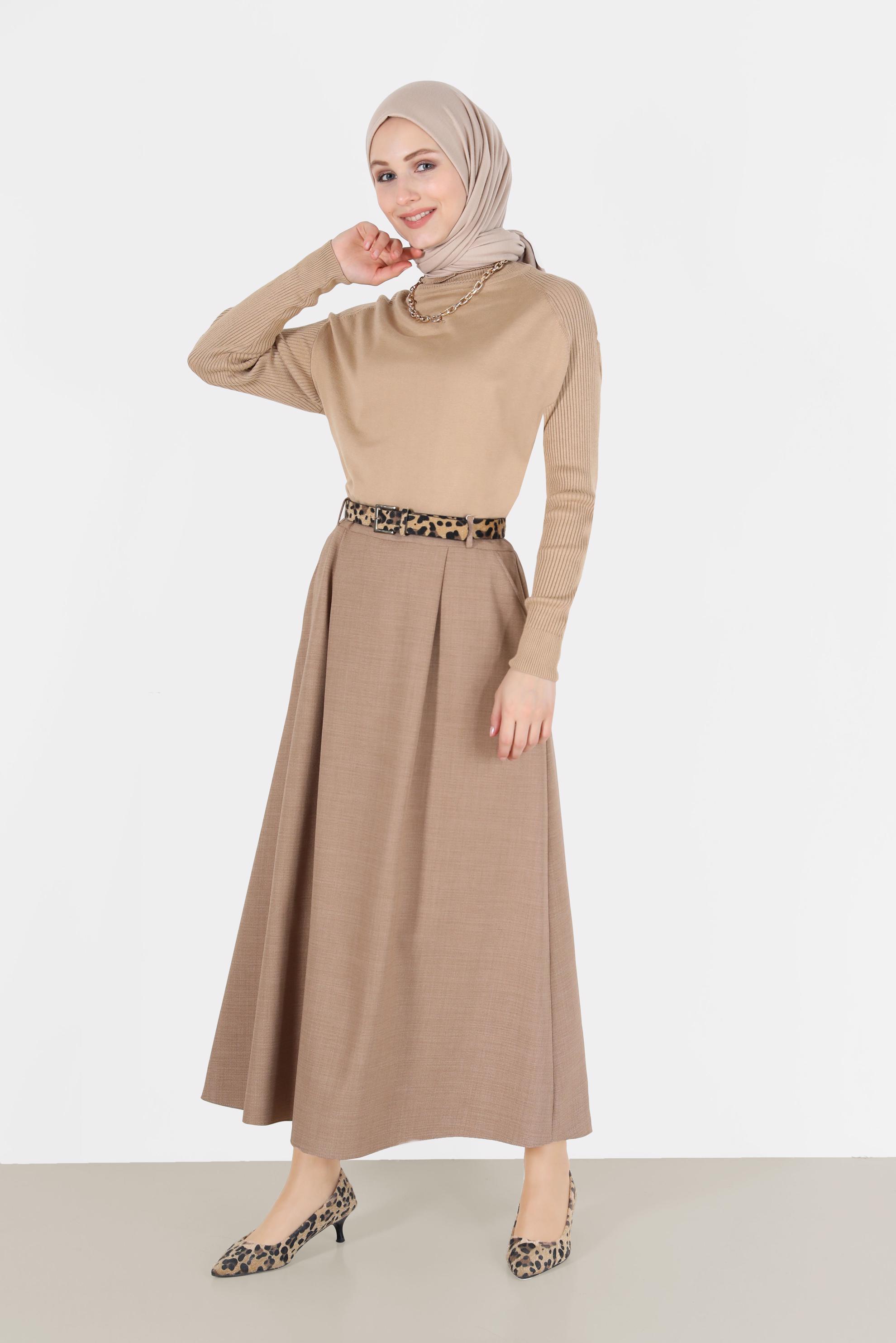 Tesettür giyim KAHVE CEPLİ KEMERLİ ETEK 60023