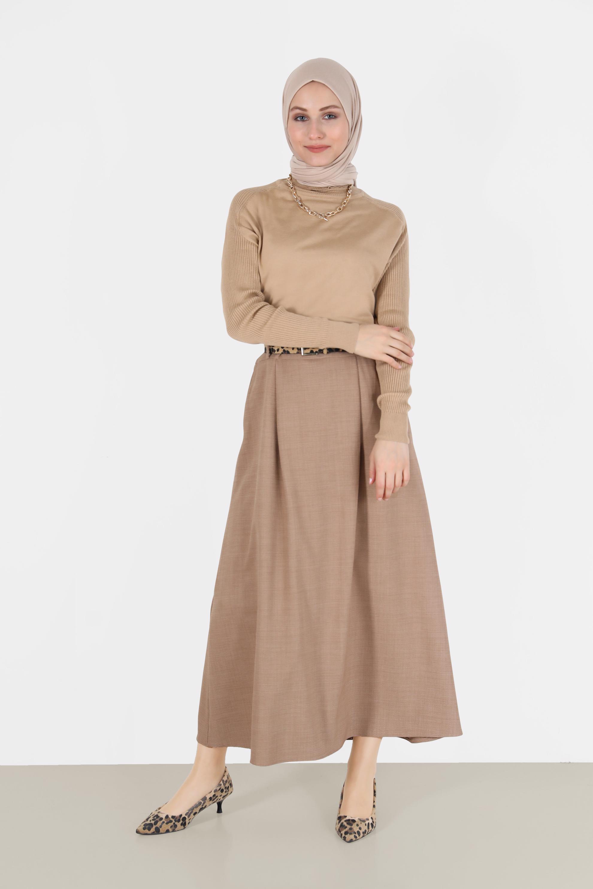 Tesettür giyim KAHVE CEPLİ KEMERLİ ETEK 60023