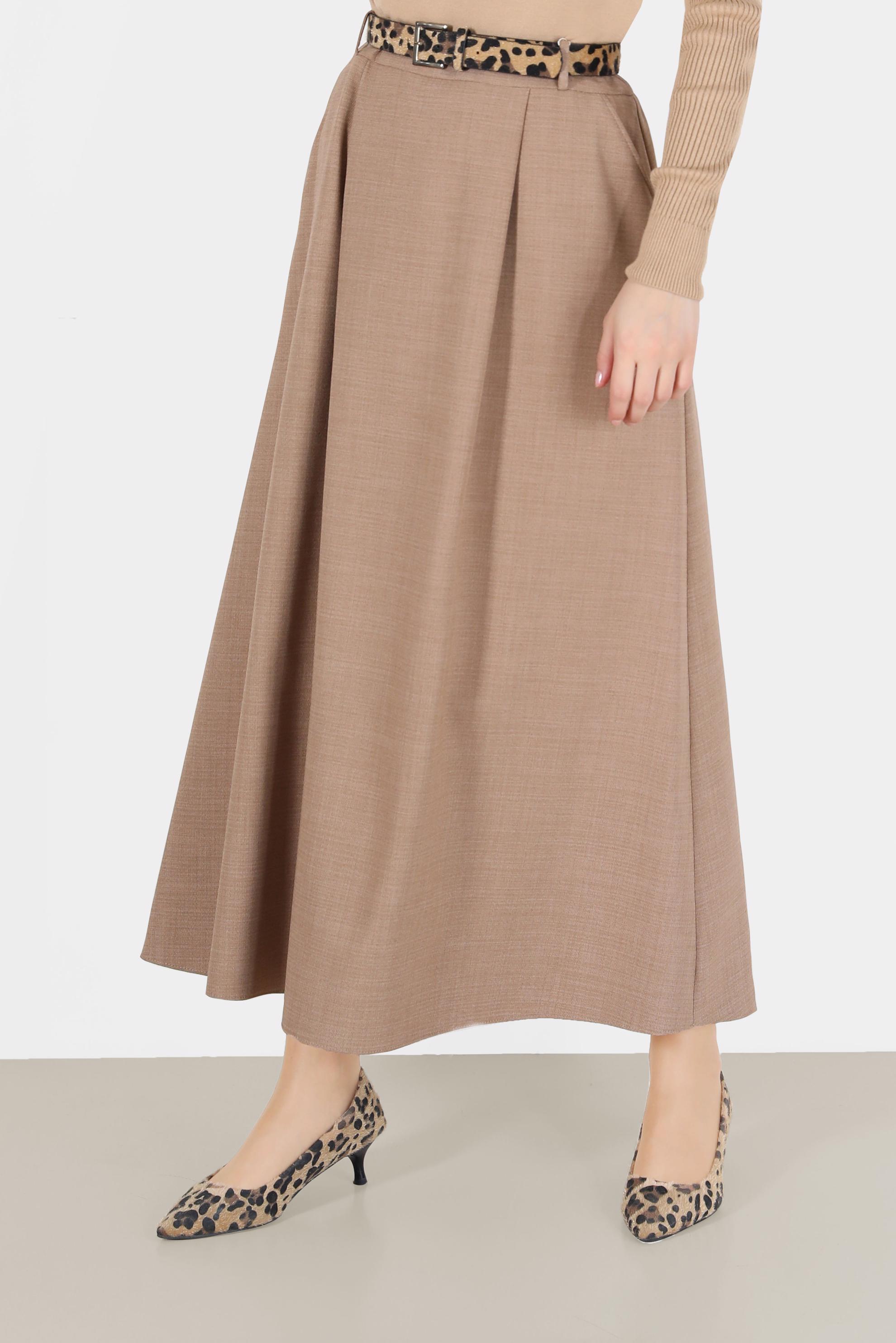 Tesettür giyim KAHVE CEPLİ KEMERLİ ETEK 60023