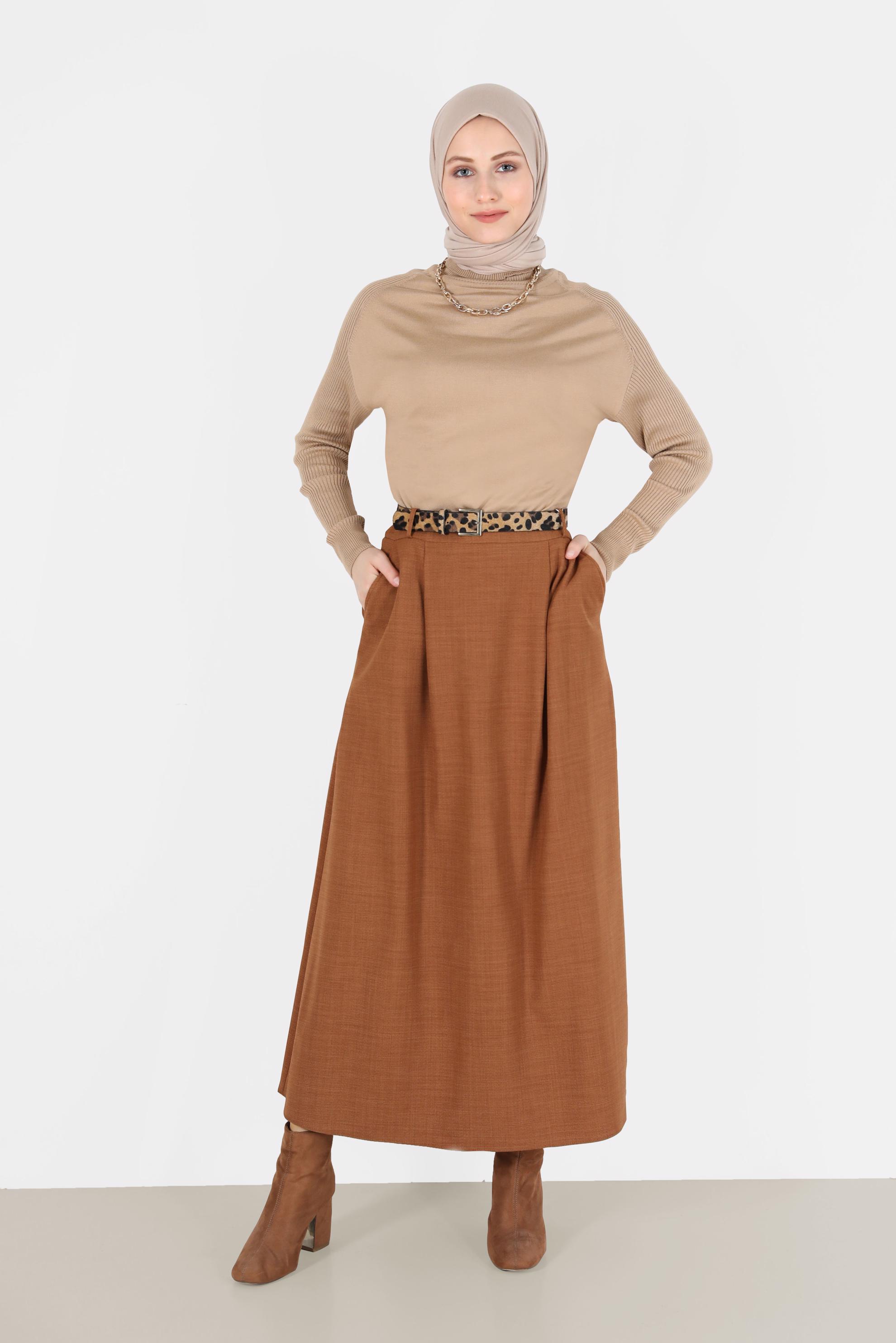 Tesettür giyim KAHVE CEPLİ KEMERLİ ETEK 60023