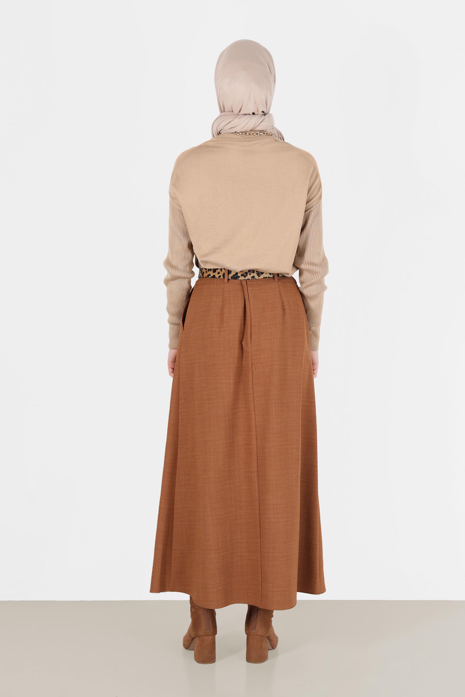 Tesettür giyim KAHVE CEPLİ KEMERLİ ETEK 60023