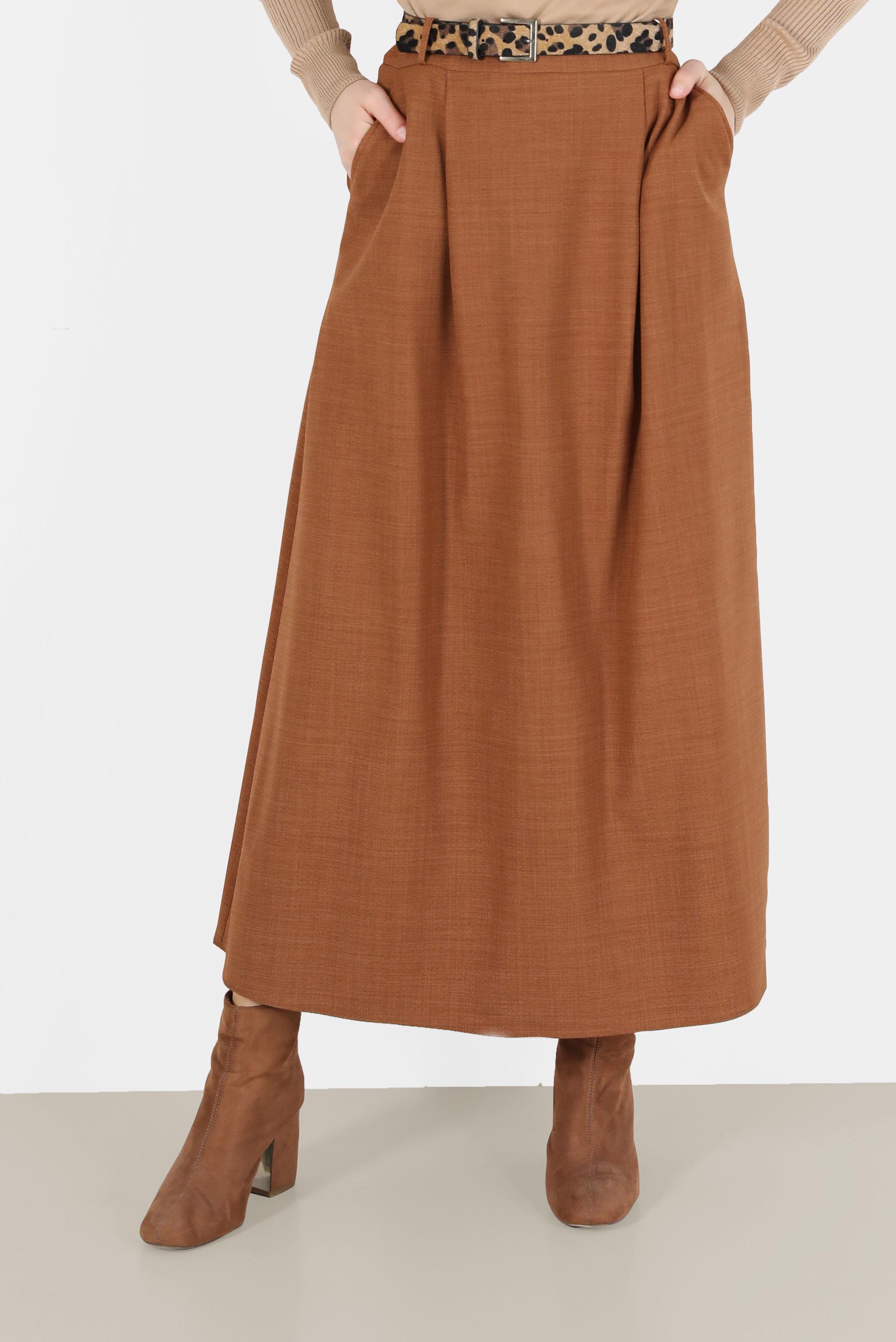 Tesettür giyim KAHVE CEPLİ KEMERLİ ETEK 60023