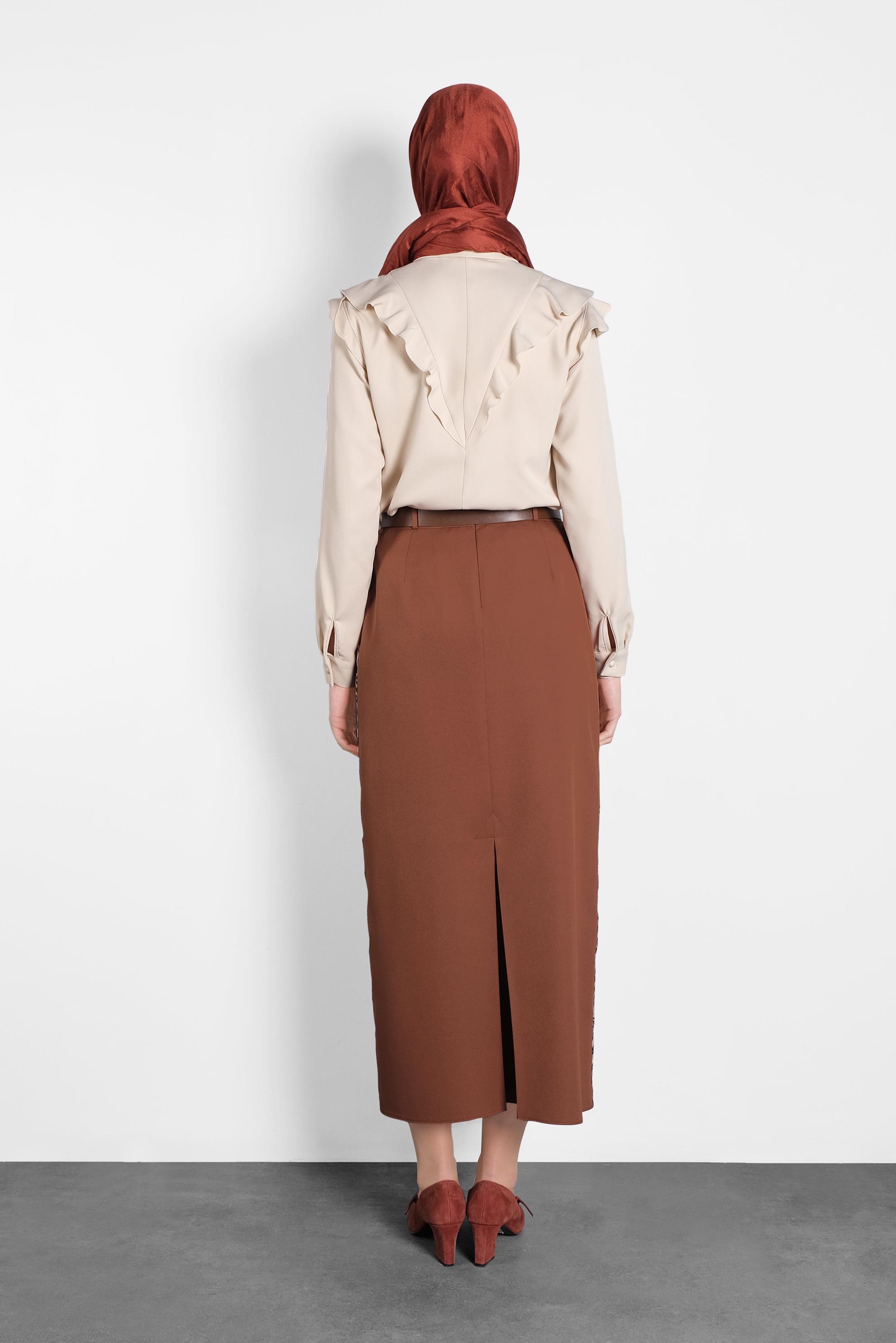 Tesettür giyim KAHVE ŞERİTLİ ETEK 60024