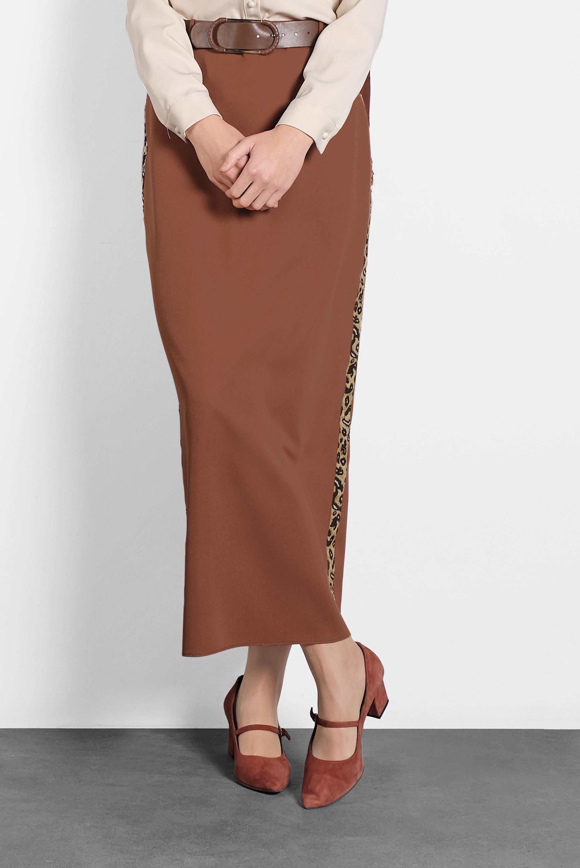 Tesettür giyim KAHVE ŞERİTLİ ETEK 60024