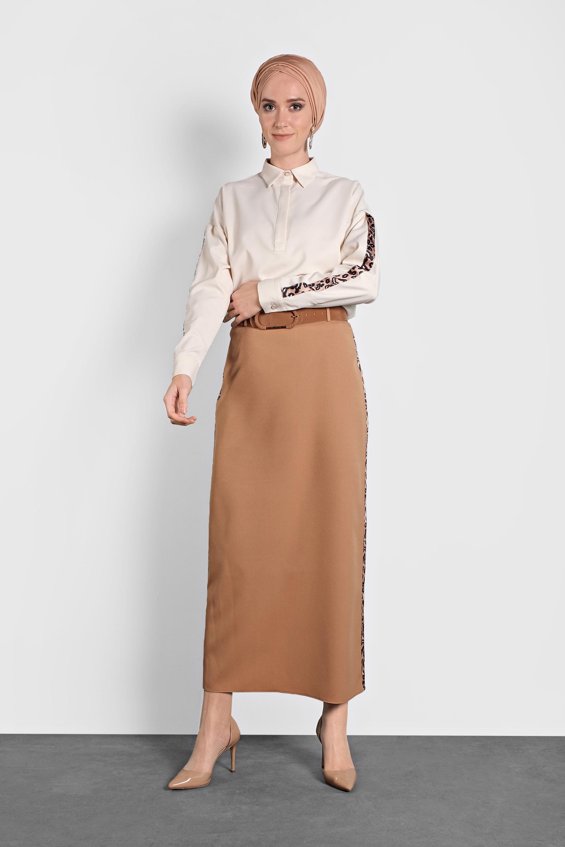 Tesettür giyim KAHVE ŞERİTLİ ETEK 60024