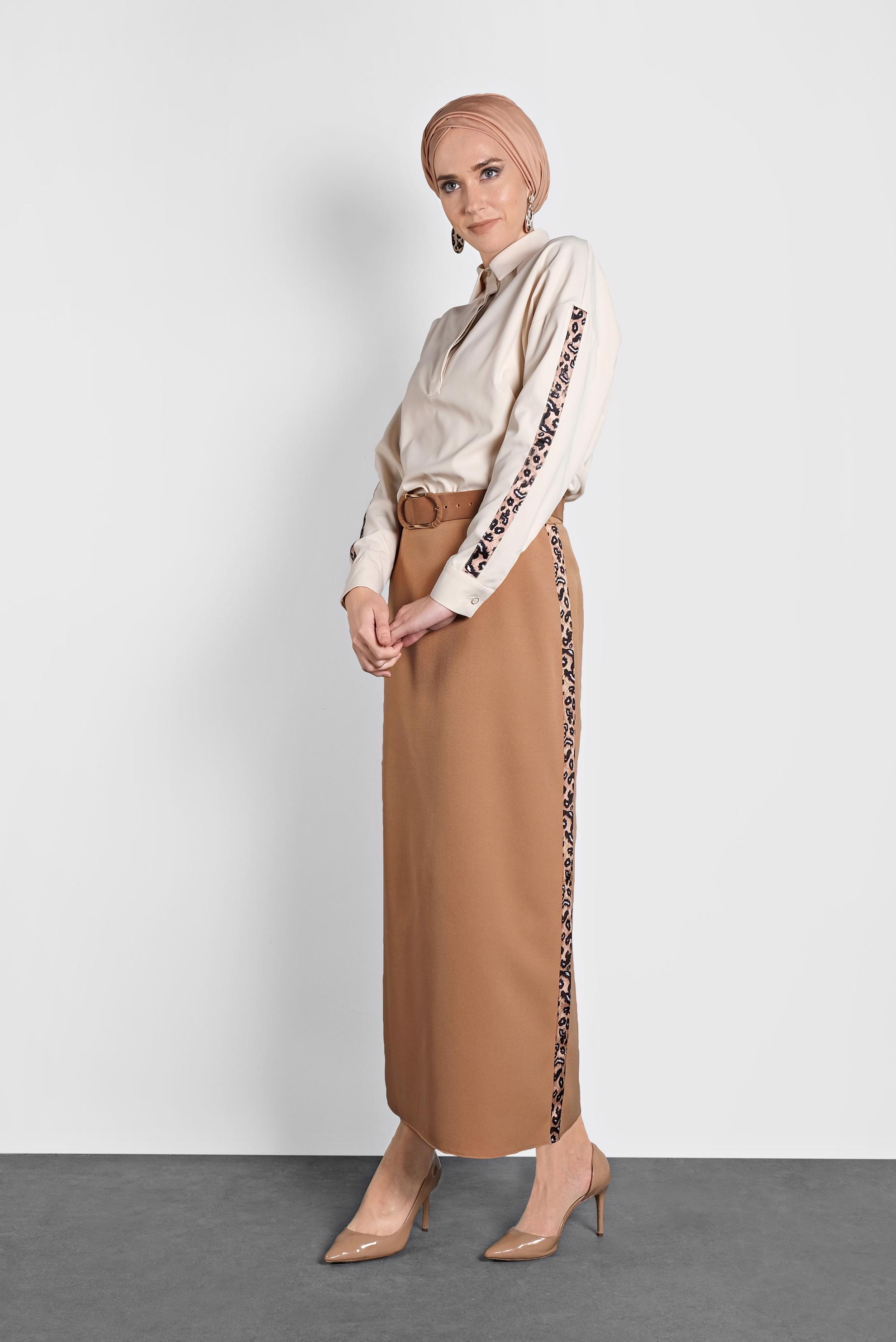 Tesettür giyim KAHVE ŞERİTLİ ETEK 60024