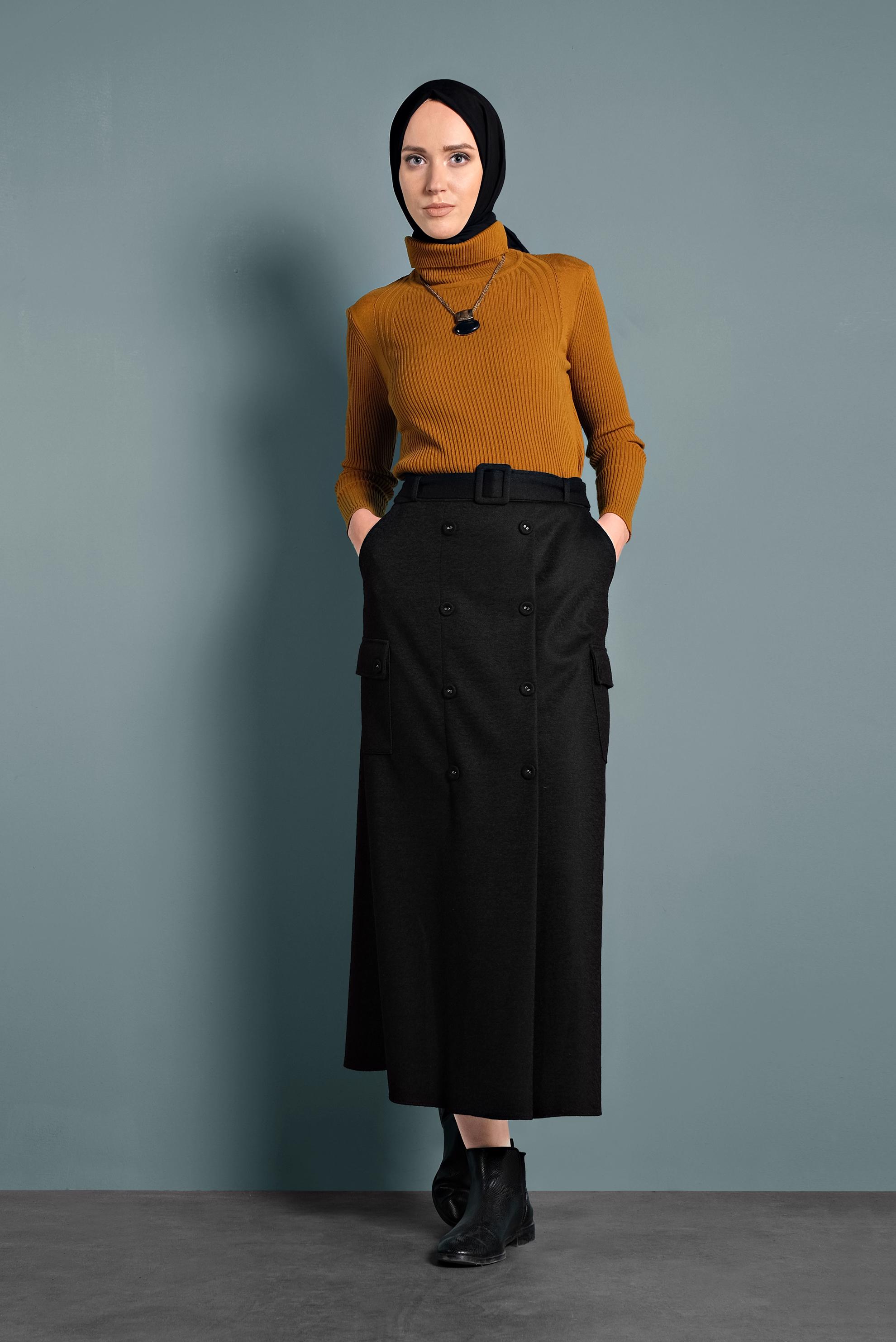 Tesettür giyim SİYAH DÜĞMELİ CEPLİ KEMERLİ ETEK 60025