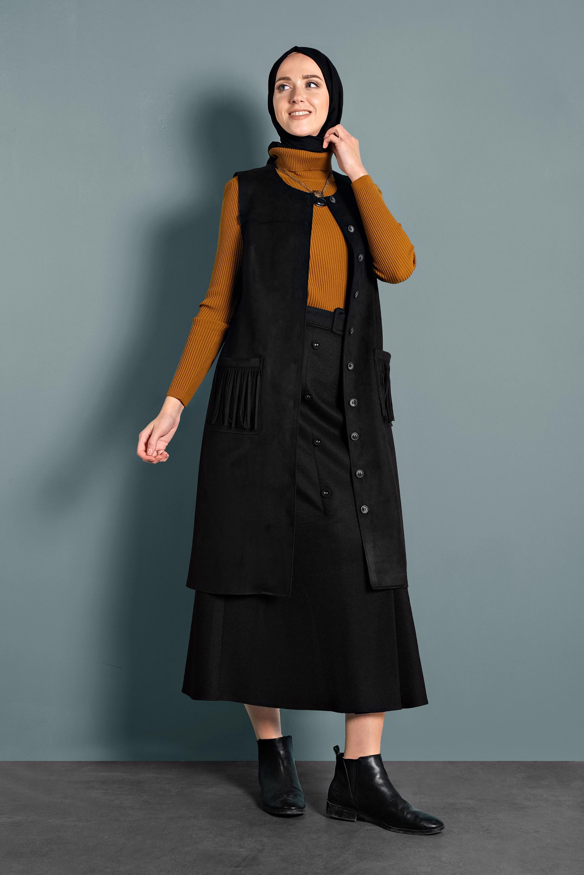 Tesettür giyim SİYAH DÜĞMELİ CEPLİ KEMERLİ ETEK 60025