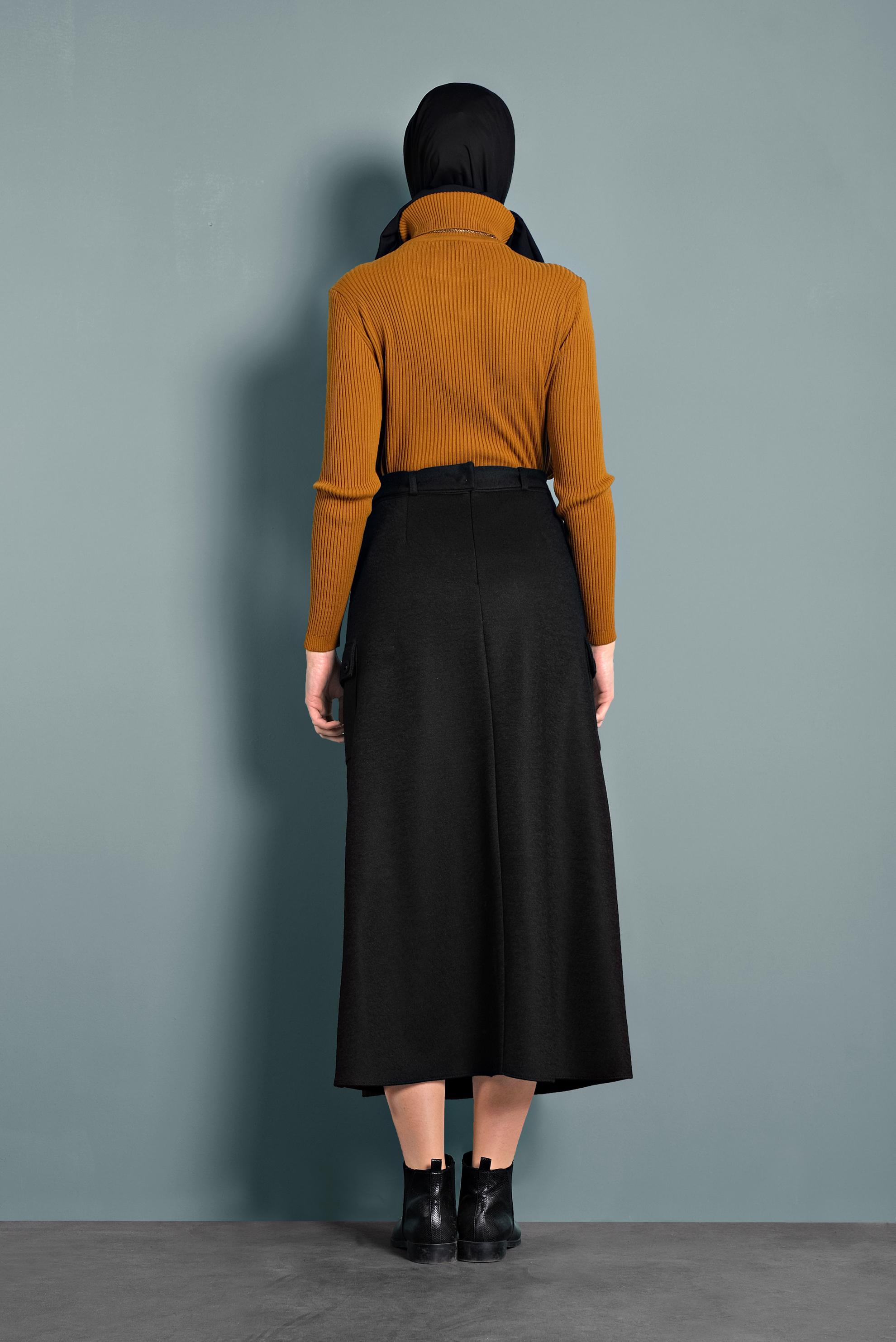 Tesettür giyim SİYAH DÜĞMELİ CEPLİ KEMERLİ ETEK 60025