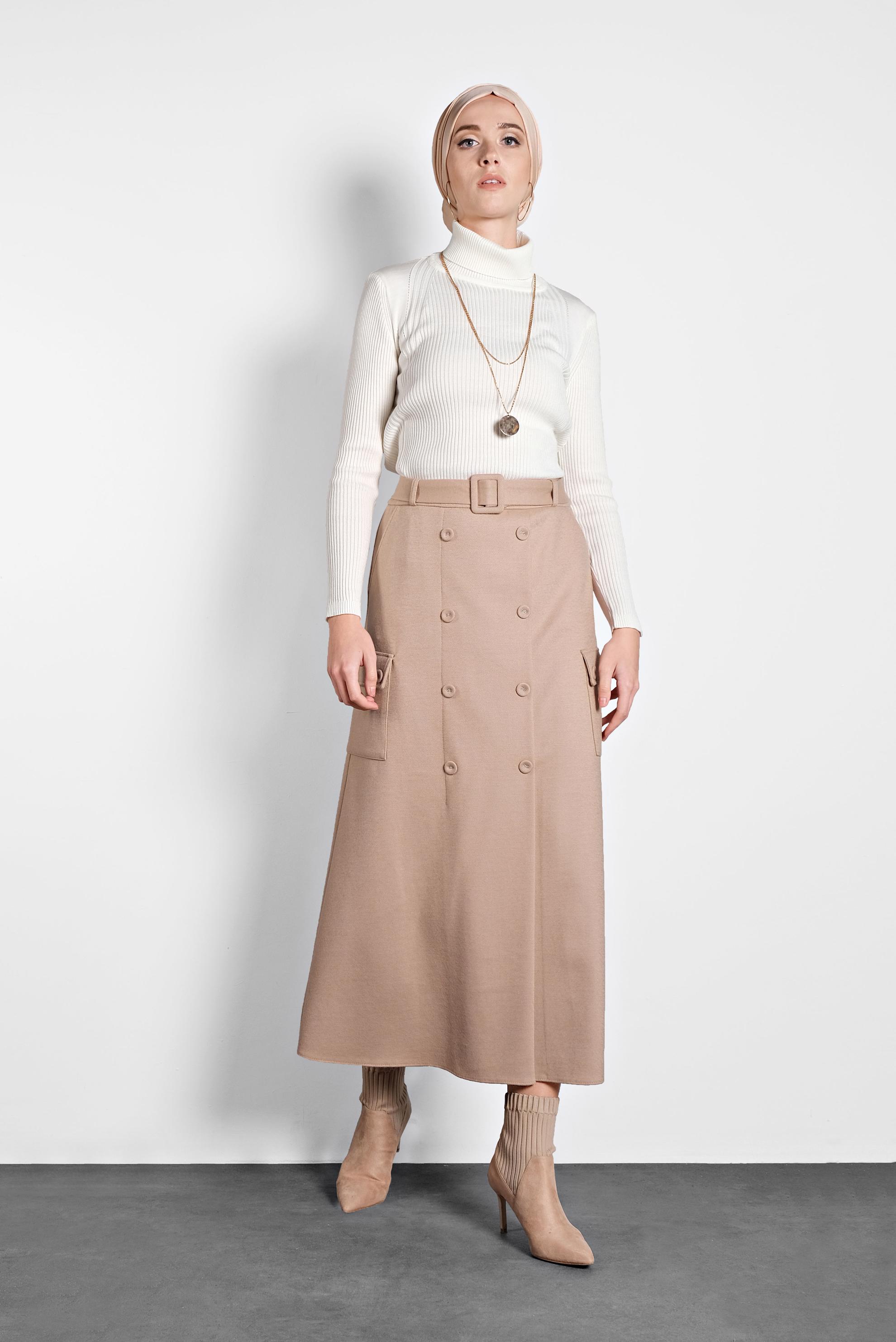 Tesettür giyim BEJ DÜĞMELİ CEPLİ KEMERLİ ETEK 60025