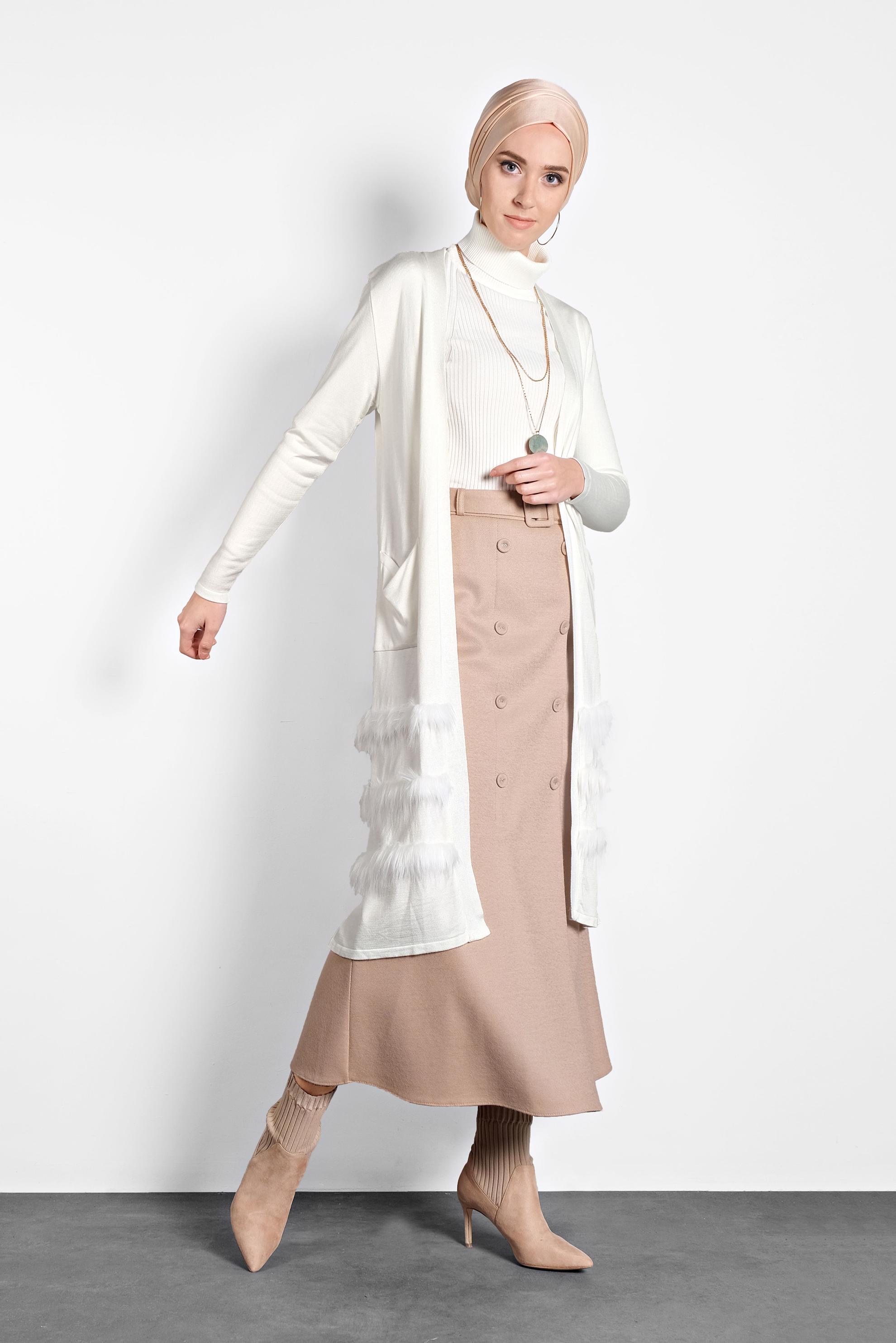 Tesettür giyim BEJ DÜĞMELİ CEPLİ KEMERLİ ETEK 60025