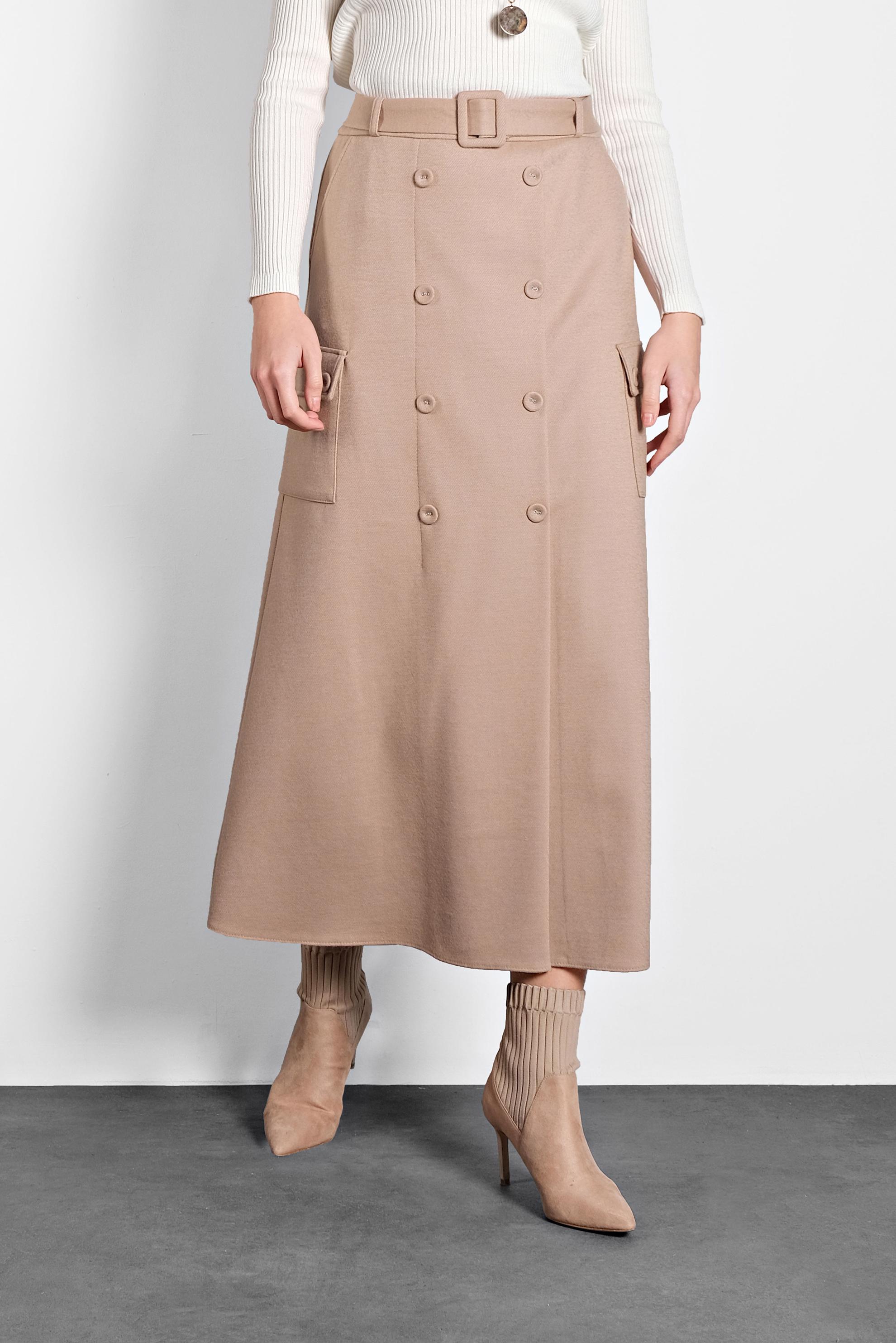 Tesettür giyim BEJ DÜĞMELİ CEPLİ KEMERLİ ETEK 60025