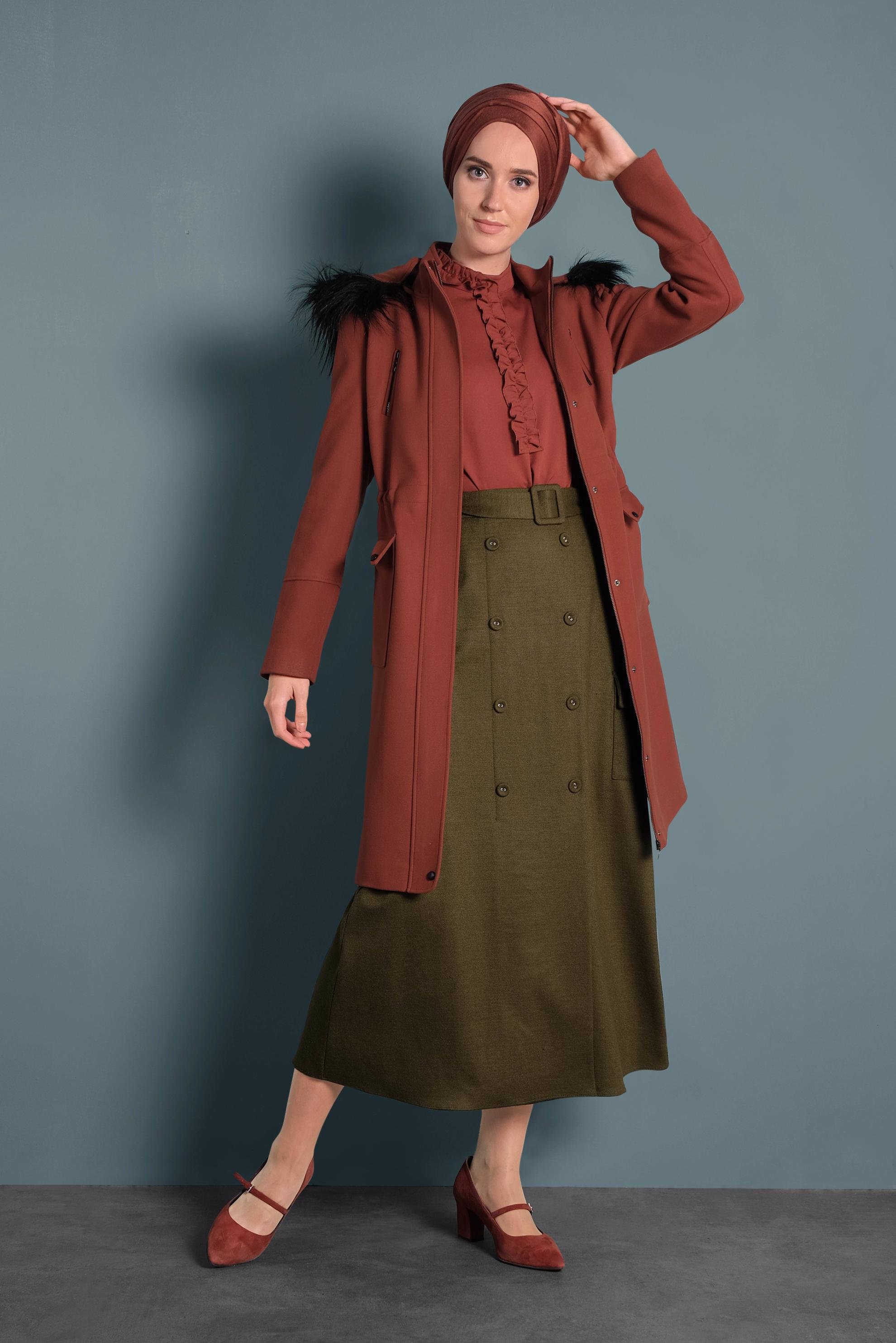 Tesettür giyim HAKİ DÜĞMELİ CEPLİ KEMERLİ ETEK 60025