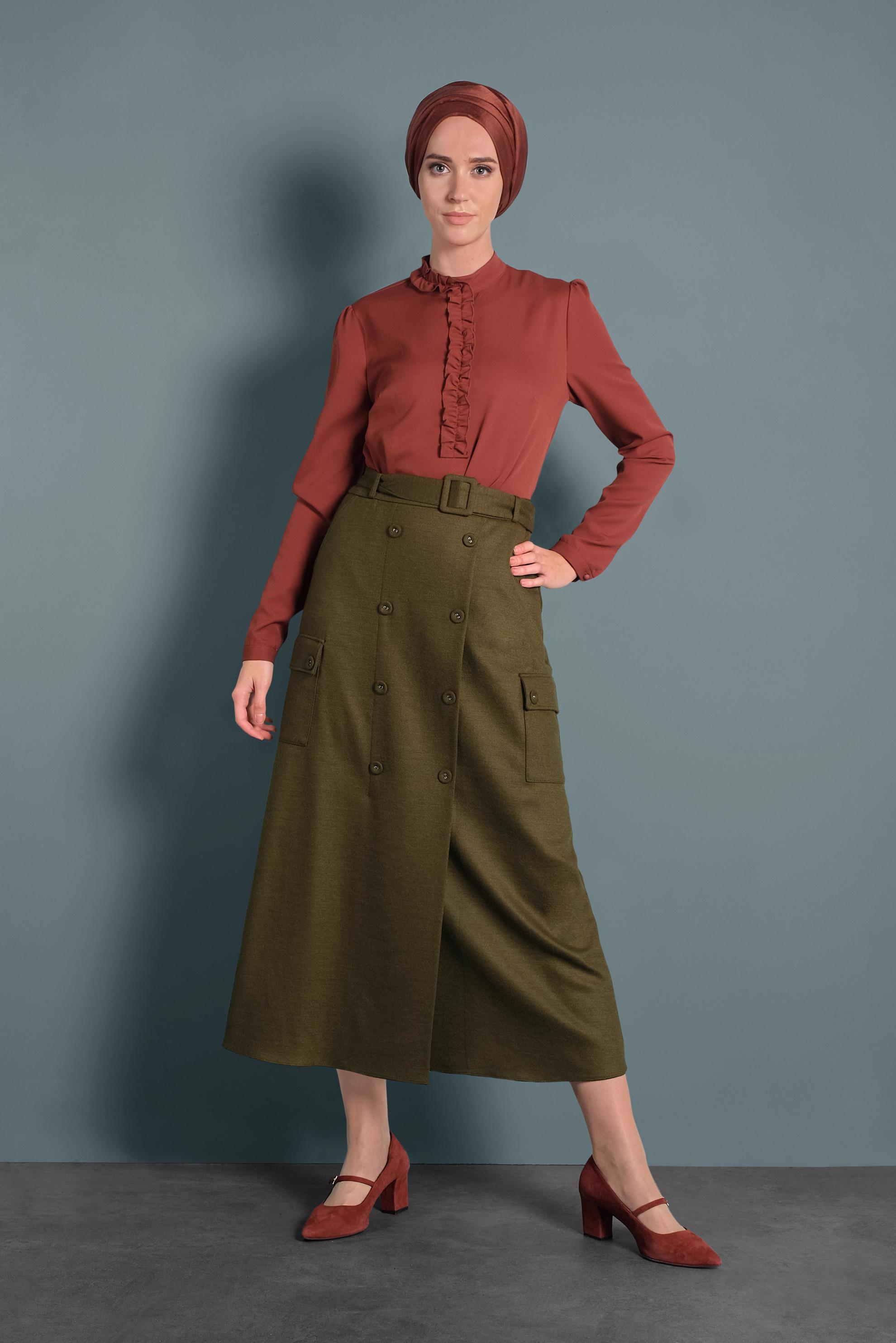 Tesettür giyim HAKİ DÜĞMELİ CEPLİ KEMERLİ ETEK 60025