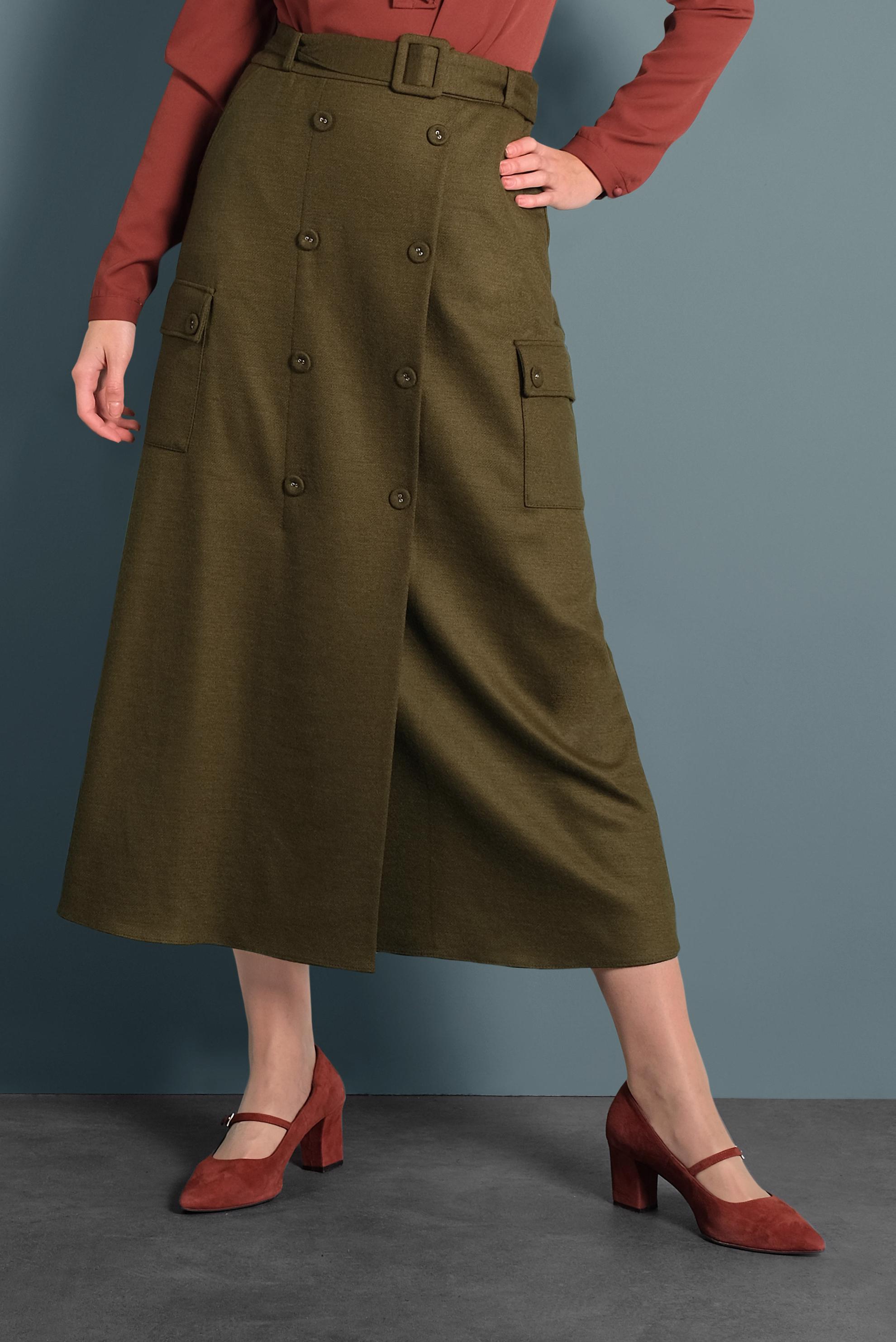 Tesettür giyim HAKİ DÜĞMELİ CEPLİ KEMERLİ ETEK 60025