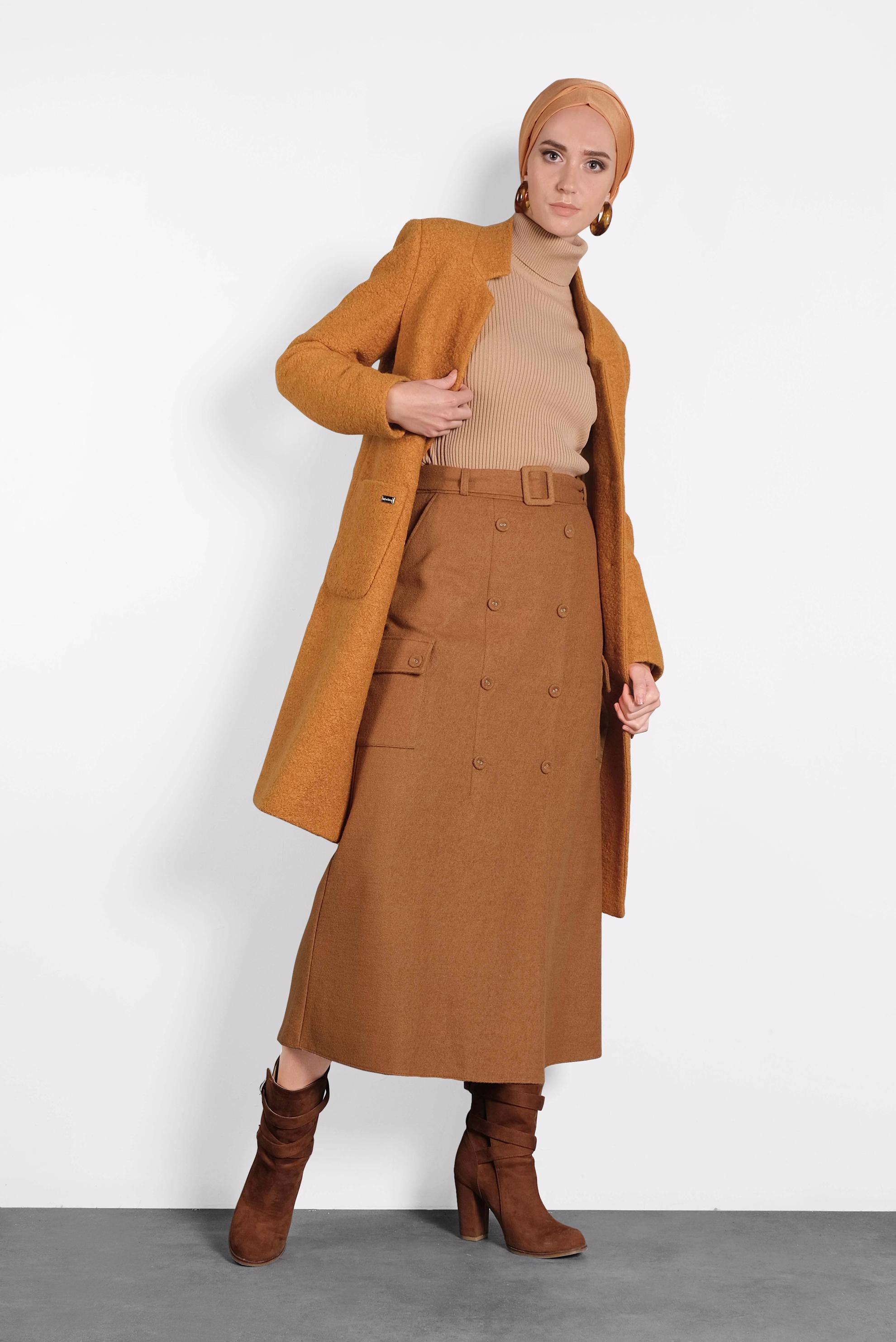 Tesettür giyim TABA DÜĞMELİ CEPLİ KEMERLİ ETEK 60025