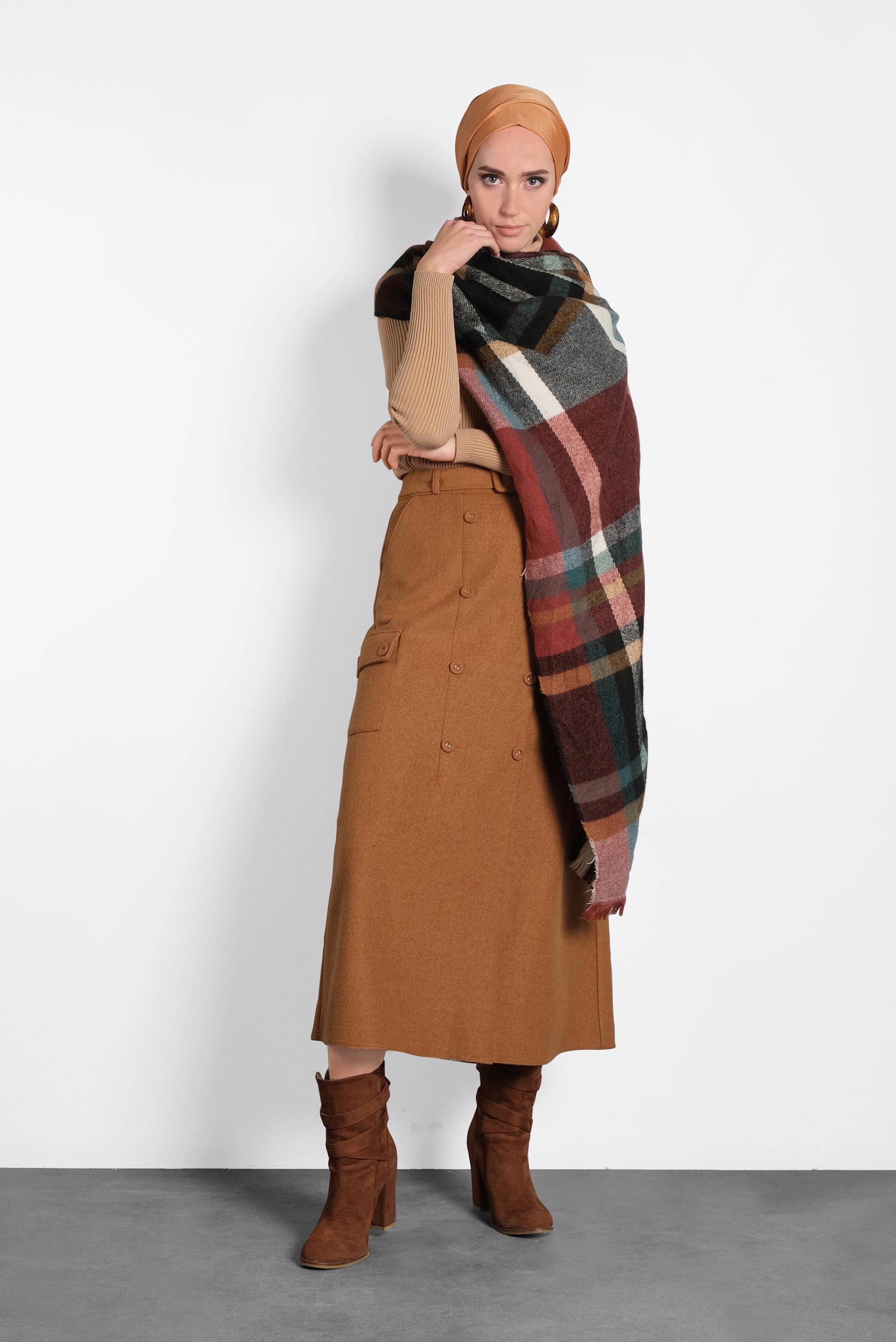 Tesettür giyim TABA DÜĞMELİ CEPLİ KEMERLİ ETEK 60025