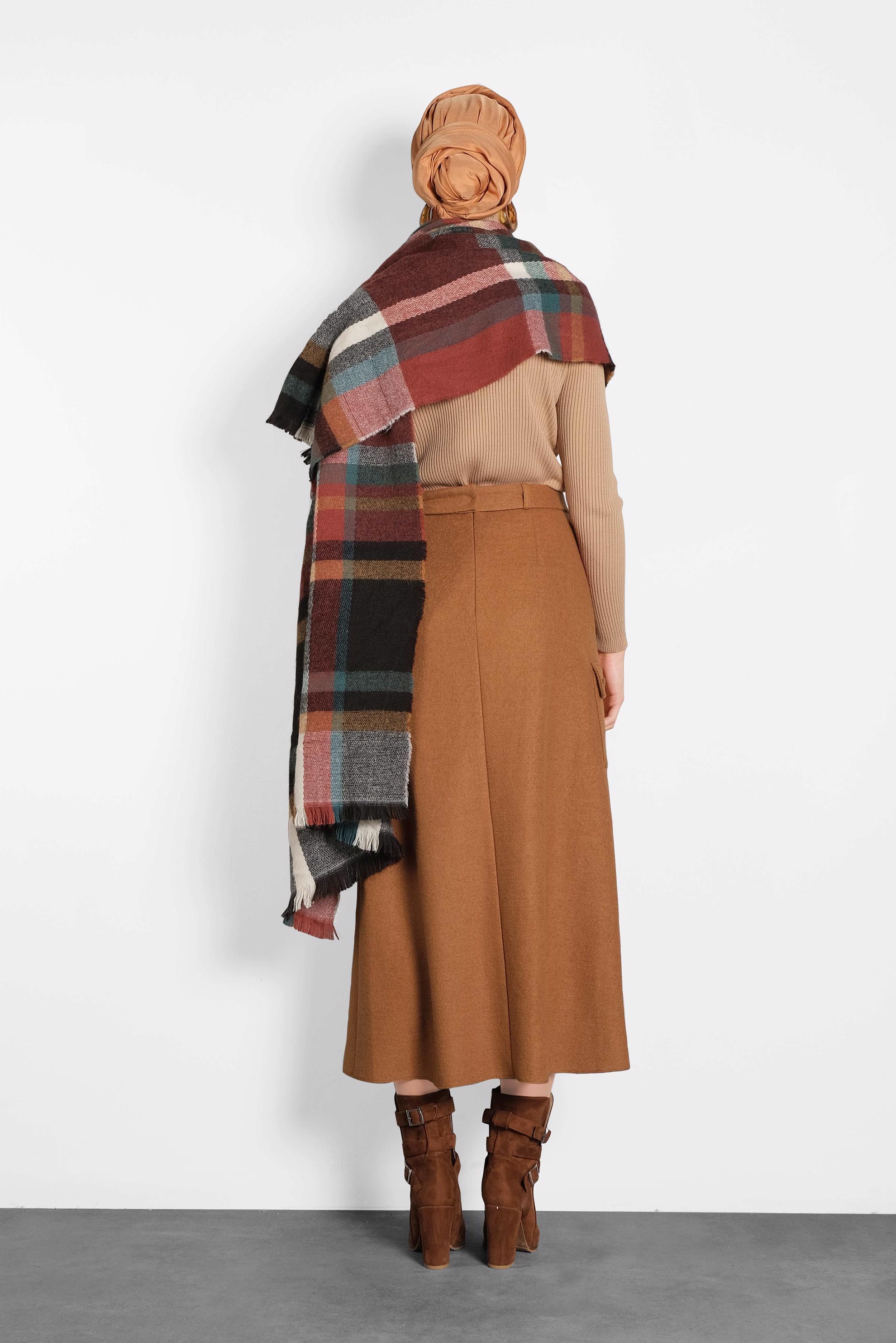 Tesettür giyim TABA DÜĞMELİ CEPLİ KEMERLİ ETEK 60025