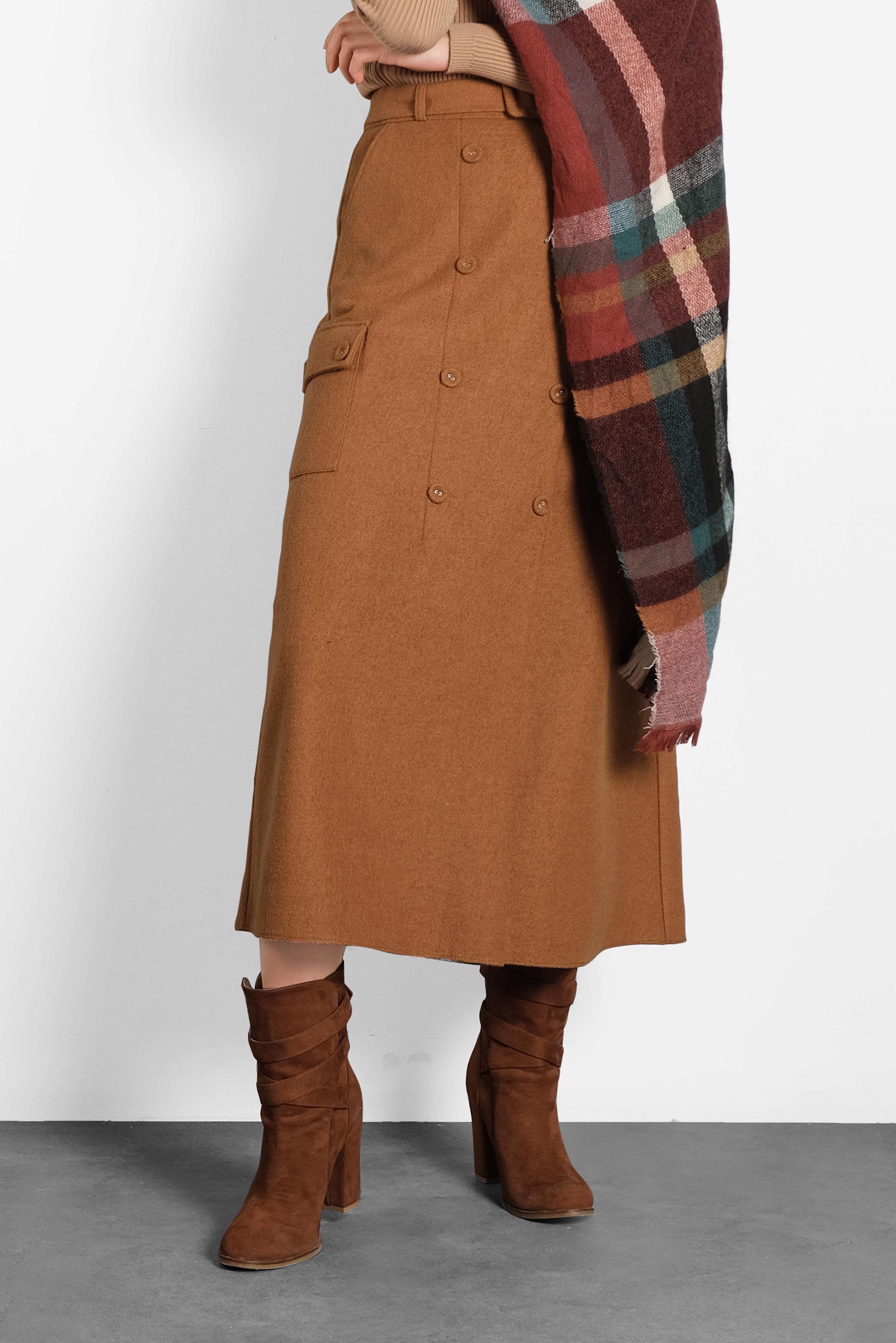 Tesettür giyim TABA DÜĞMELİ CEPLİ KEMERLİ ETEK 60025