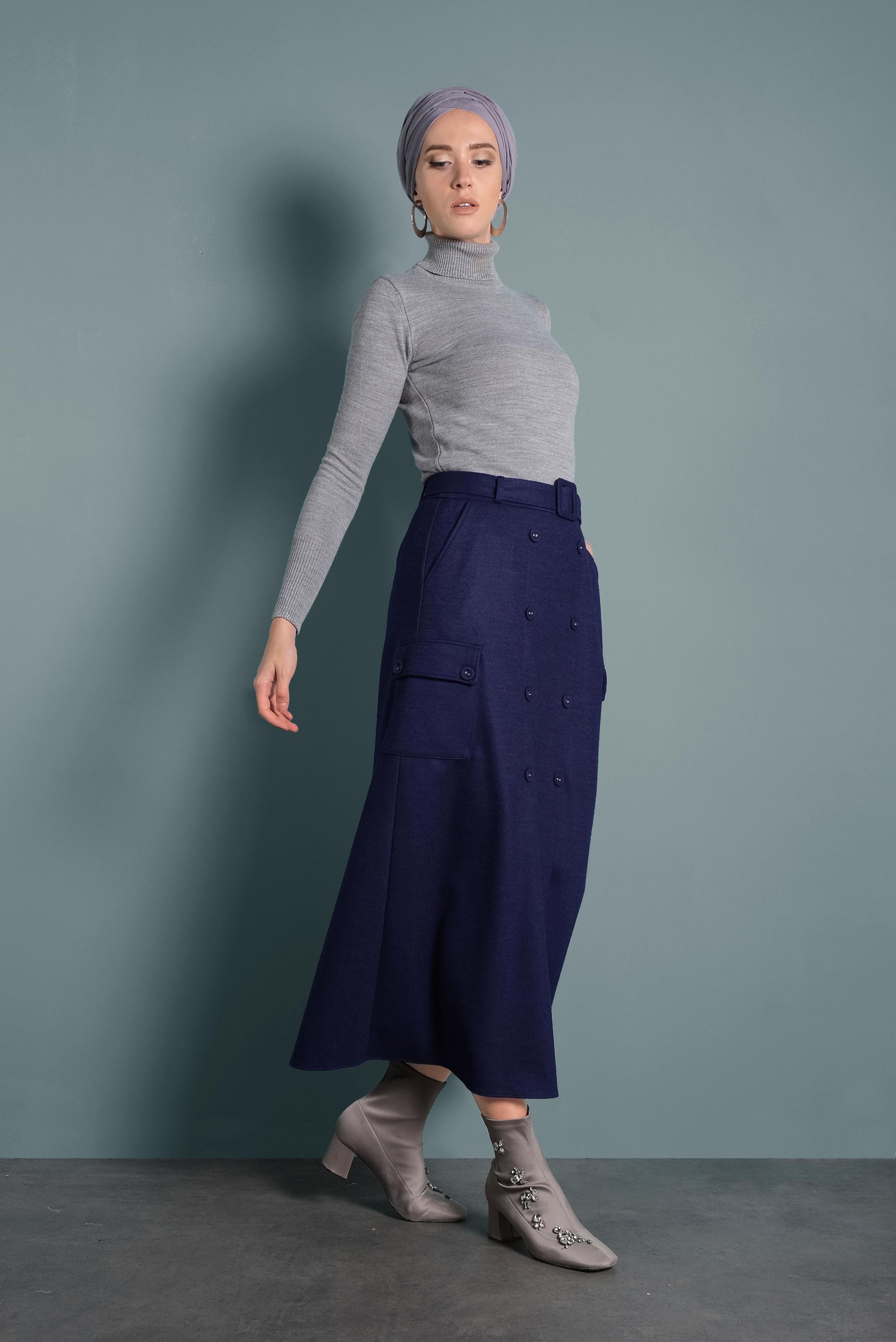 Tesettür giyim LACİVERT DÜĞMELİ CEPLİ KEMERLİ ETEK 60025