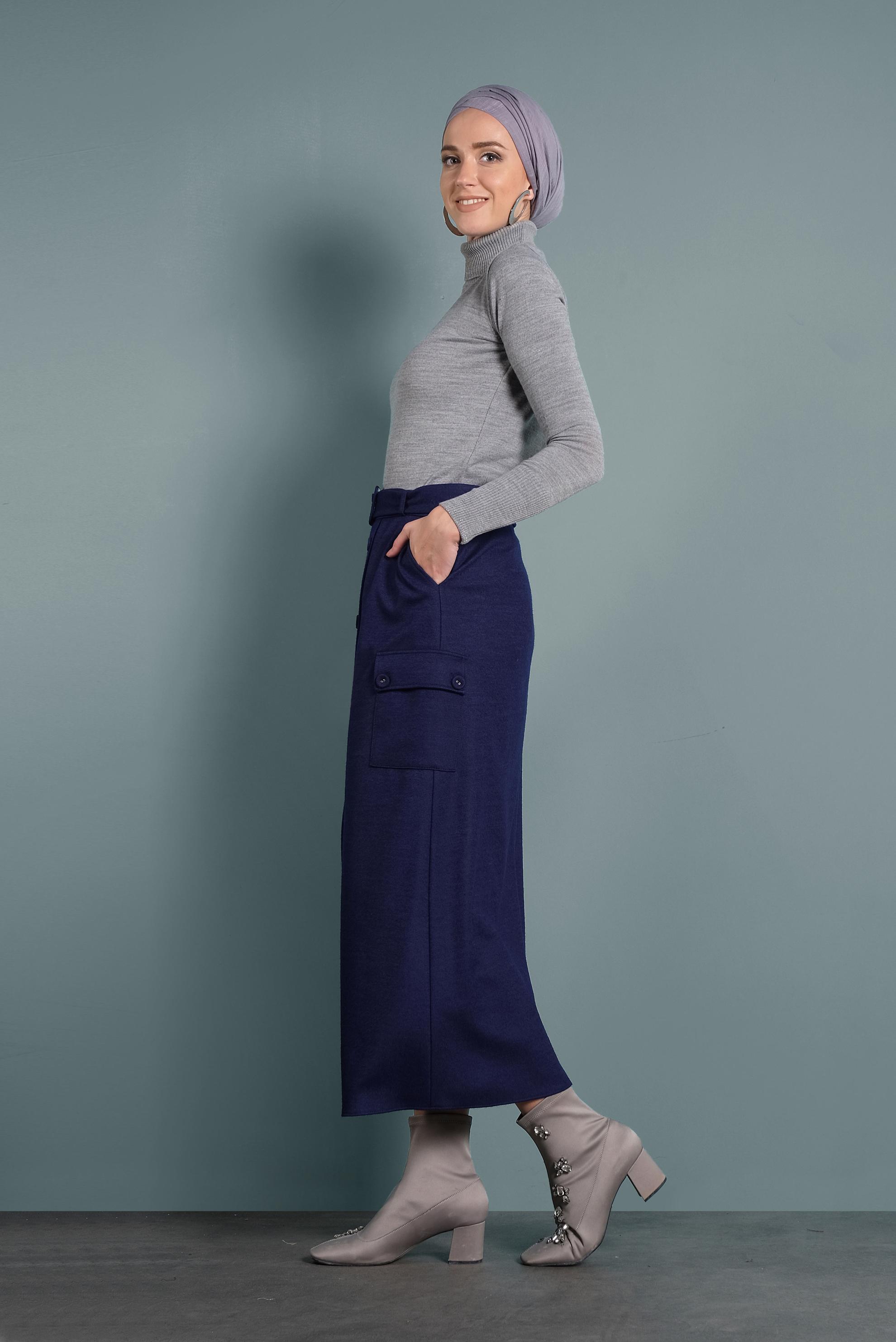 Tesettür giyim LACİVERT DÜĞMELİ CEPLİ KEMERLİ ETEK 60025