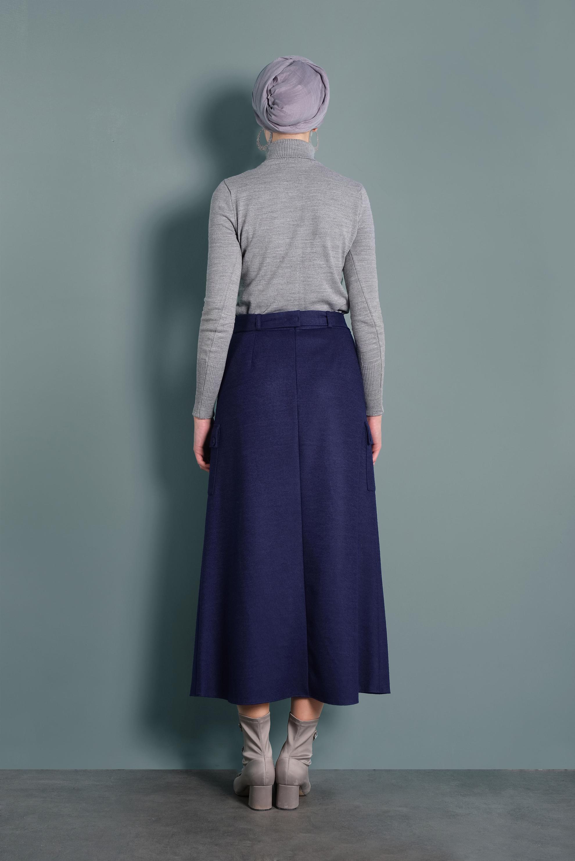 Tesettür giyim LACİVERT DÜĞMELİ CEPLİ KEMERLİ ETEK 60025