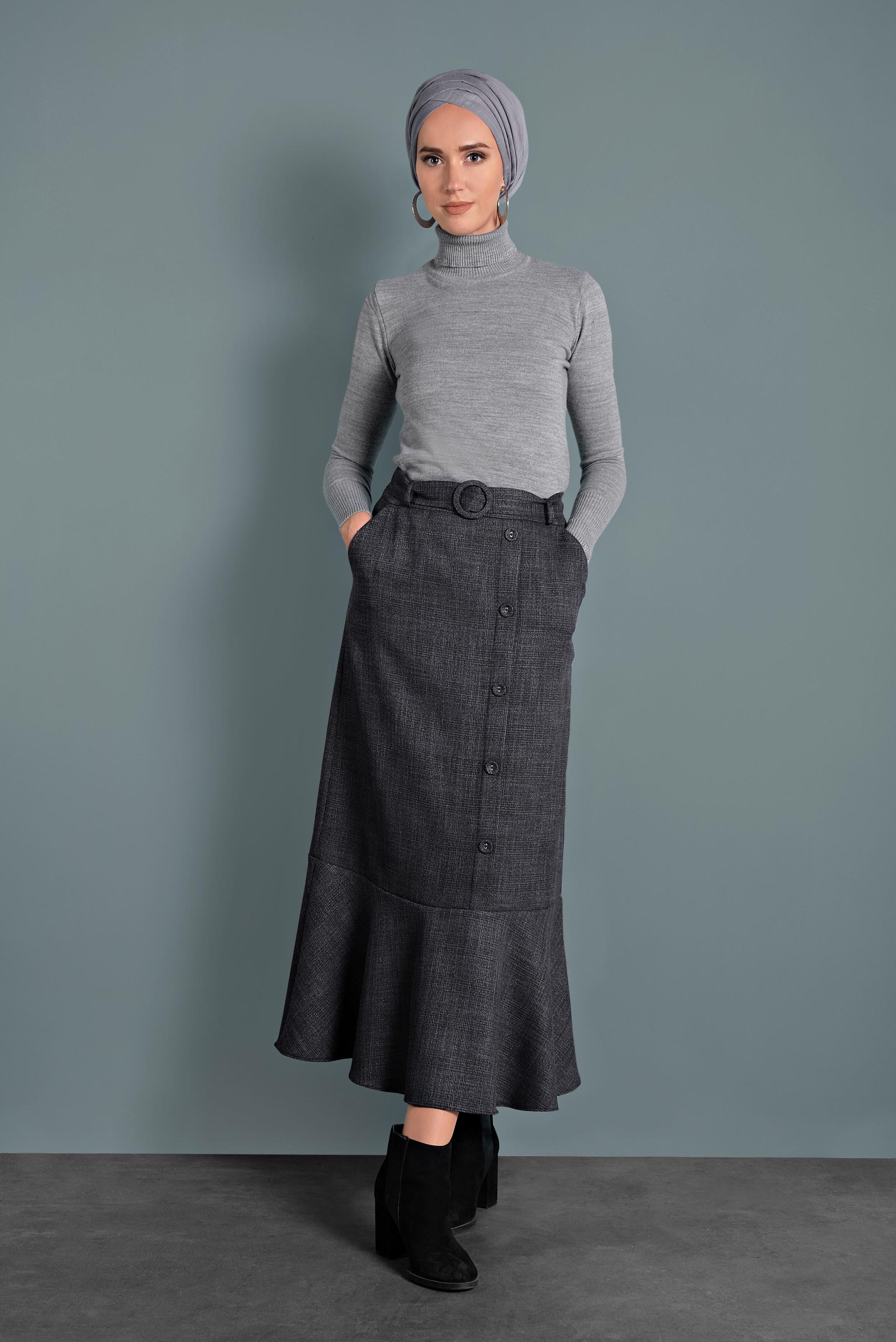 Tesettür giyim SİYAH EKOSE TROMPET ETEK 60027 